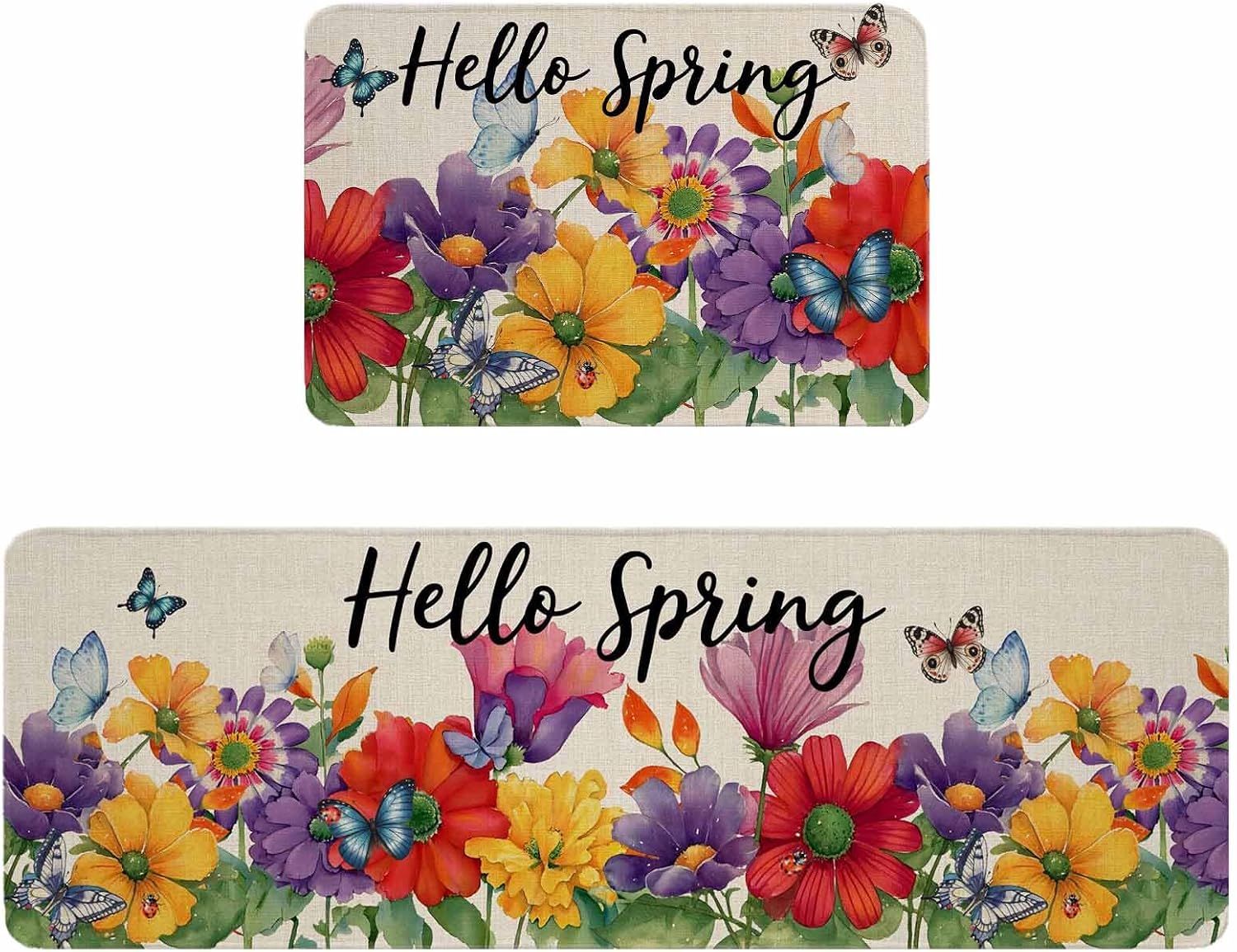 Spring Flowers Kitchen Rugs and Mats Set of 2, Non-Slip Kitchen Sink Mat, Farmhouse Vintage Country Colorful Floral Washable Doormat Bathroom Rugs Runner for Bedroom/Living Room 17.7"x30"+17.7"x47.2"