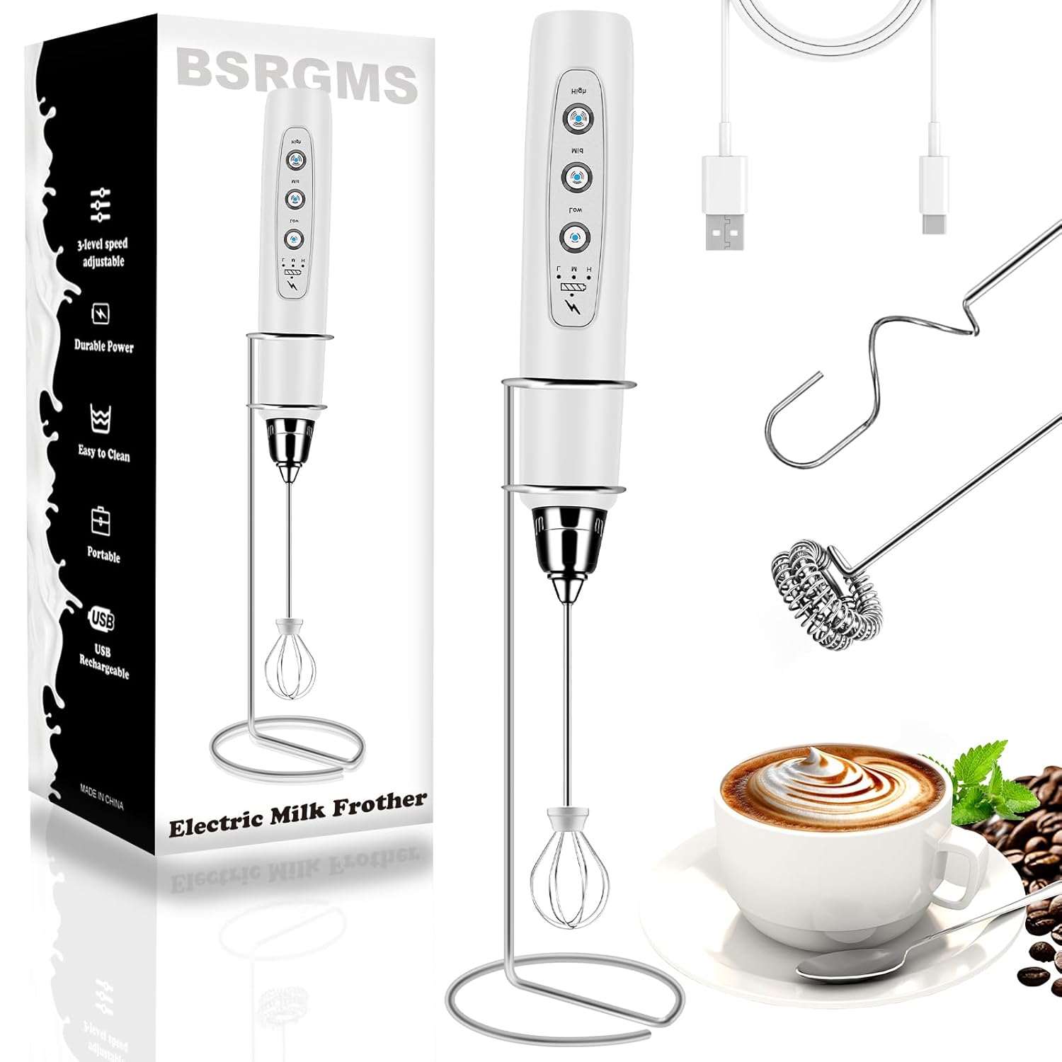 BSRGMS Milk Frother Handheld with Stand Electric Whisk 3 Speed Adjustable Drink Mixer with Stainless 3 Whisk Rechargeable