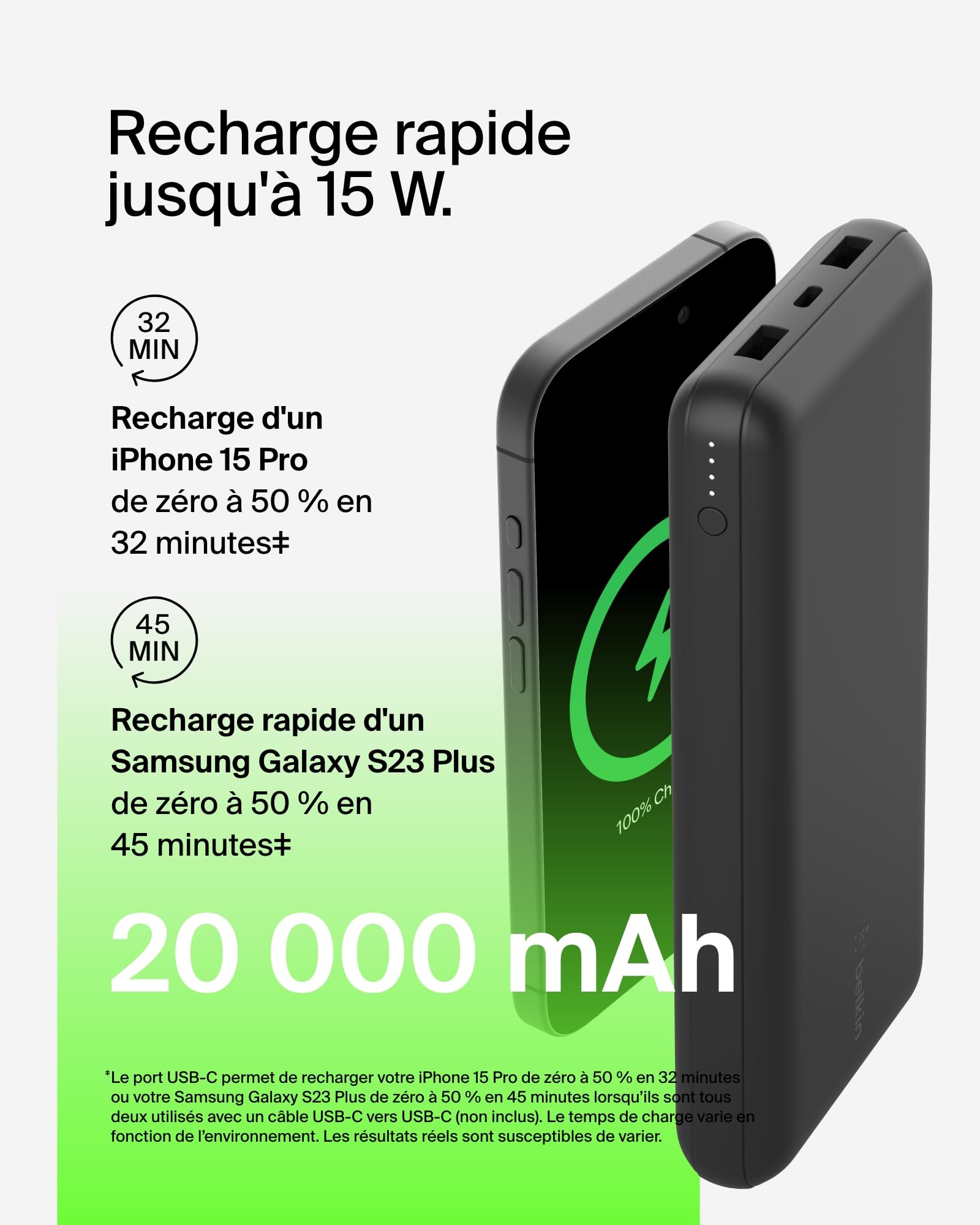 Belkin Batterie externe USB-C 20000mAh (power bank puissance de 20K, entrée et sortie USB-C, 2 ports USB-A, câble USB-C vers USB-A fourni, pour iPhone, Galaxy, Pixel, iPad, AirPods, etc.) - Noir