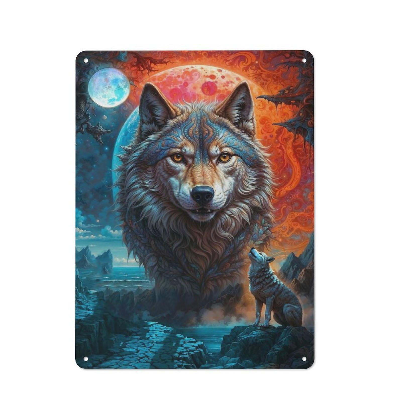 Junmoney Howling At Lone Wolf Moon Tin Wall Plaque 40X30cm With For Workshop Wall, Suited To Workshop Decor Fans, For Retro Home Interiors