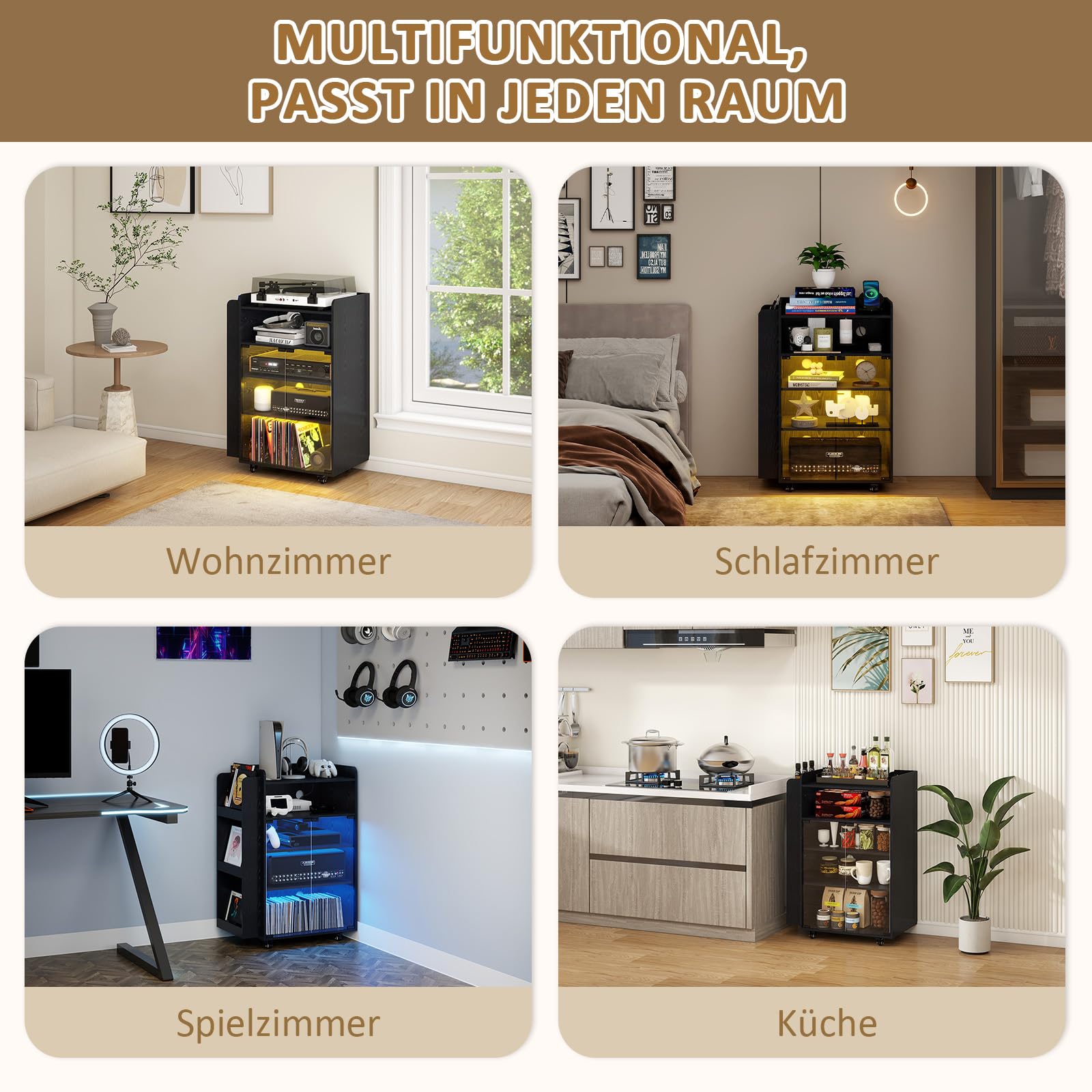 YU YUSING HiFi Rack mit Steckdosenleisten LED-Leuchten4 Ebenen mit Rädern