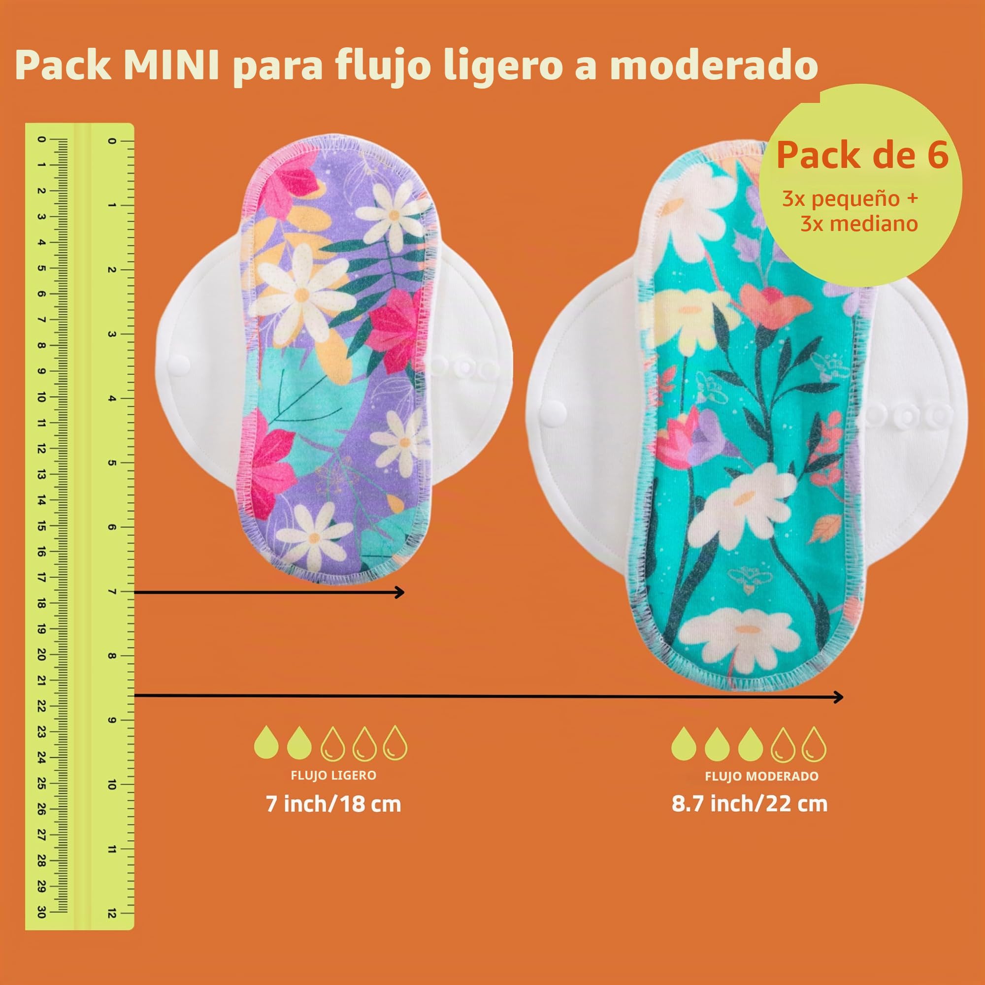Natissy Compresas Reutilizables de Algodón Orgánico para Mujer y Adolescente, Lavables, Suaves, No Irritantes y Reutilizables - Pack 6 Tallas S+M - Made in EU