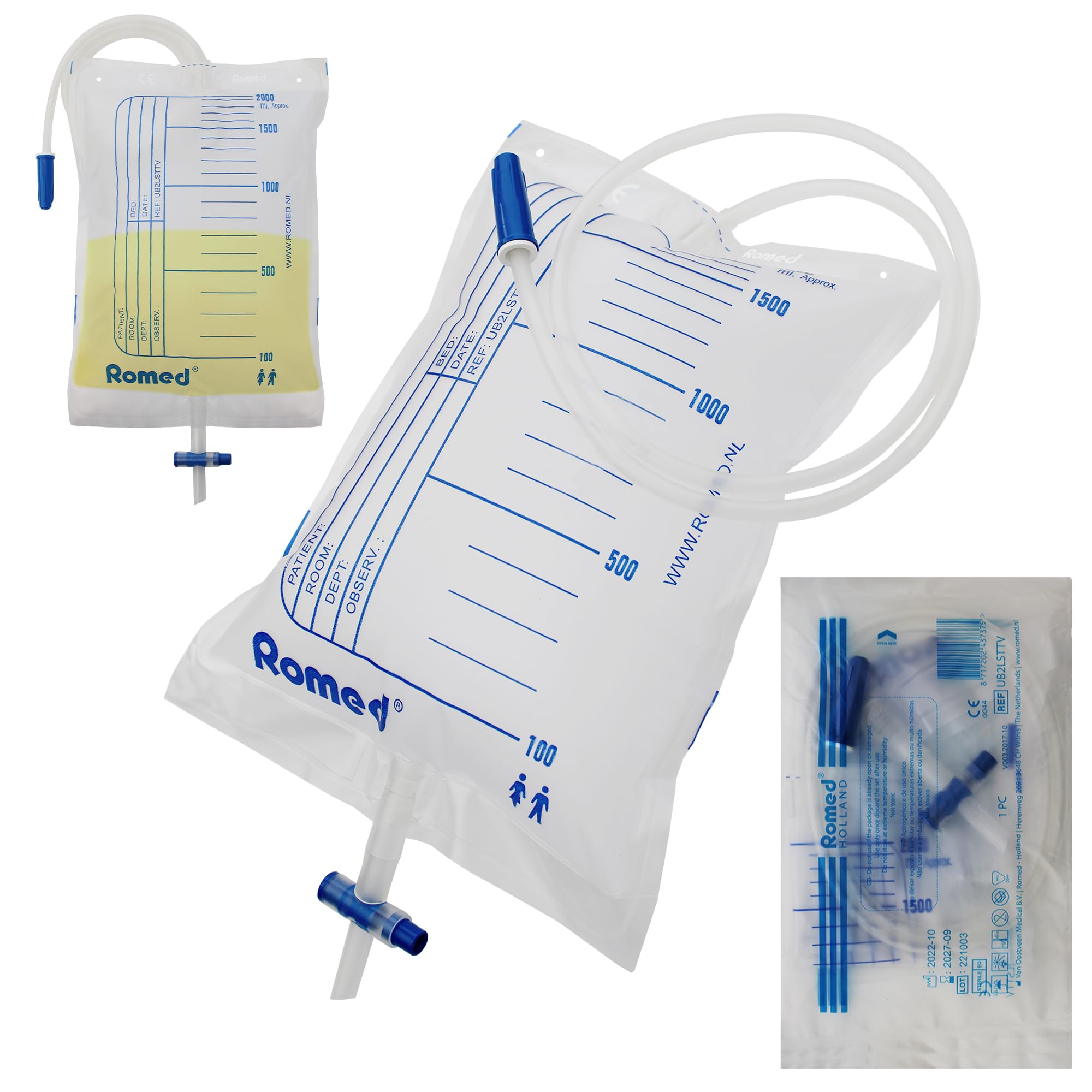 ROMED Bolsas de Orina 2 Litros Transparentes, Pack de 30 Unidades | Tubo Flexible de 90 cm, Válvula Anti-Reflujo, Colector Urinario, Para Incontinencia Hombre y Mujer