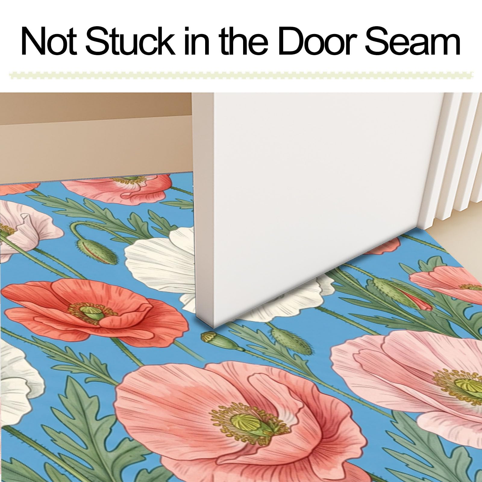 Felpudo Ultrafino para Interiores, 90X150Cm, Flor De Amapola Japonesa Alfombra Antideslizante Lavable para Entrada, Plantas Naturales Frescas Felpudo De Perfil Bajo, Atrapa Suciedad, Azul