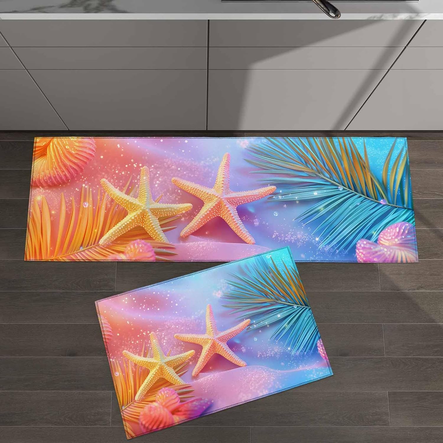 2 Pieces Kitchen Rugs and Mats,Beach Colorful Starfish Shell Leaf Area Runner Rug Set Non Slip Floor Doormat Washable Carpet Standing Mat for Kitchen Sink Indoor Corridor,Summer Abstract Ocean
