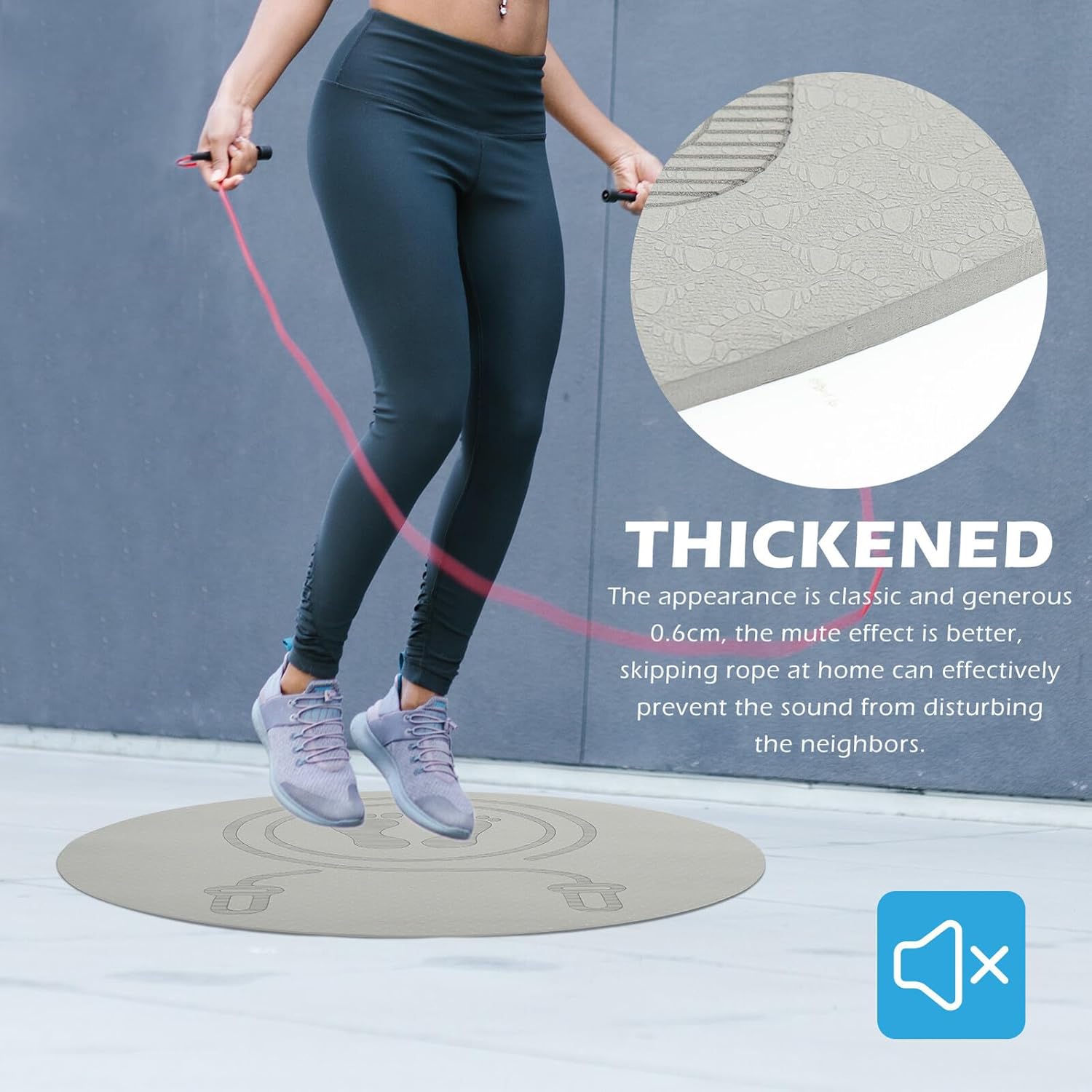 Tpe Non-slip Jump Rope Mat Grey Thick Cushioned Fitness Floor Mat Shock Absorption Sweat-resistant for Home Gym Jumping and Indoor Workout