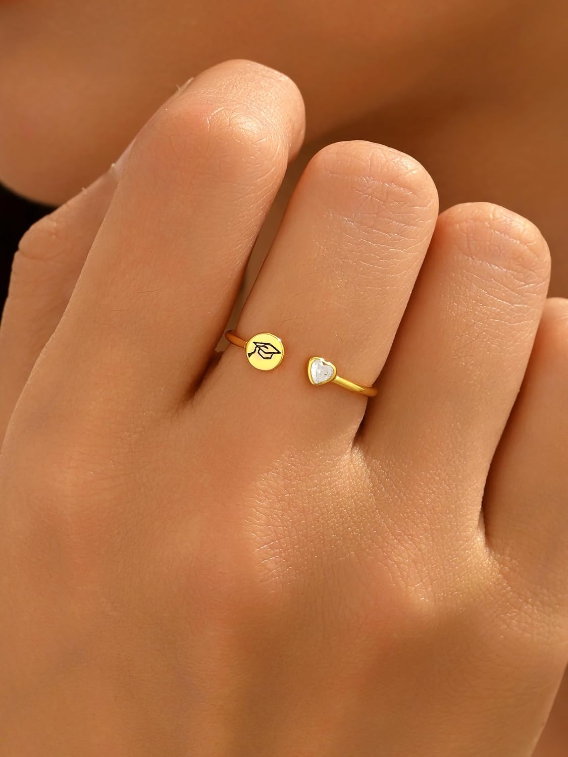925 Sterling Silver Class Rings for Women 14K Gold Plated Graduation Ring Bachelor Cap Ring Heart Cubic Zirconia Birthstone Ring Adjustable Rings Birthday Graduation Gifts for Daughter Sister Friend