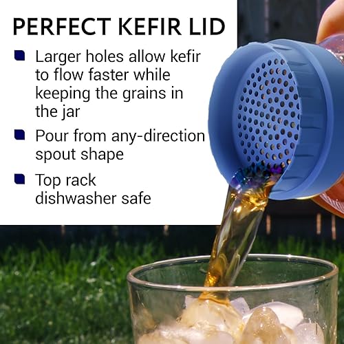 Miniatura 6 de IMPRESA Tapas de colador Mason Jar  Azul, paquete de 3 coladores de drenaje sin obstrucciones y kéfir, kit compacto de fermentación de 3 piezas,