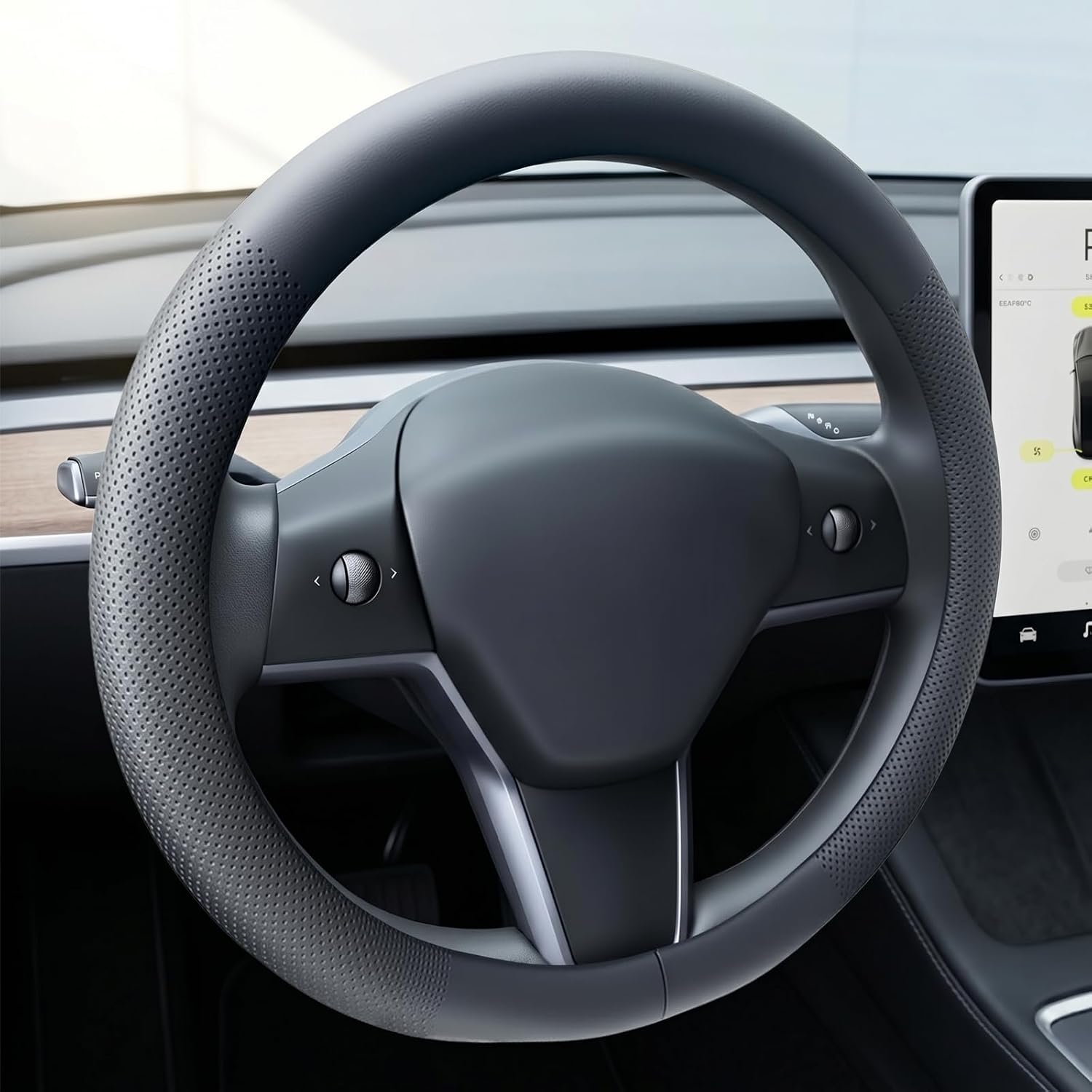 Tesla Leather Steering Wheel Cover, Model 3/Y Accessories, Comfort Grip, Anti-Slip Breathable, Compatible with Tesla Model 3/Y Steering Wheel Protector (Black)