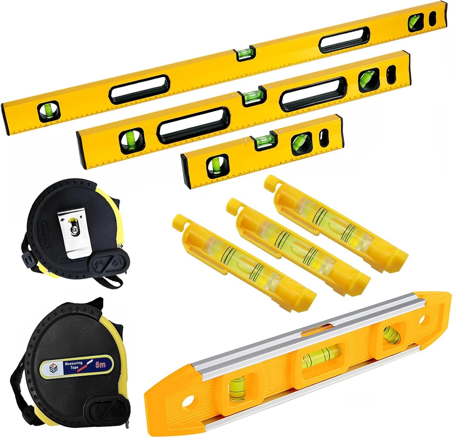 Magnetic Alloy Spirit Level Set Torpedo Level 5M Measuring Tape 45/90/180 Degrees 3 String Hanging Bubble Line Leveller Heavy Duty Tool for DIY Builders Bricklayer Carpenter Scaffolding Level 8-Pcs