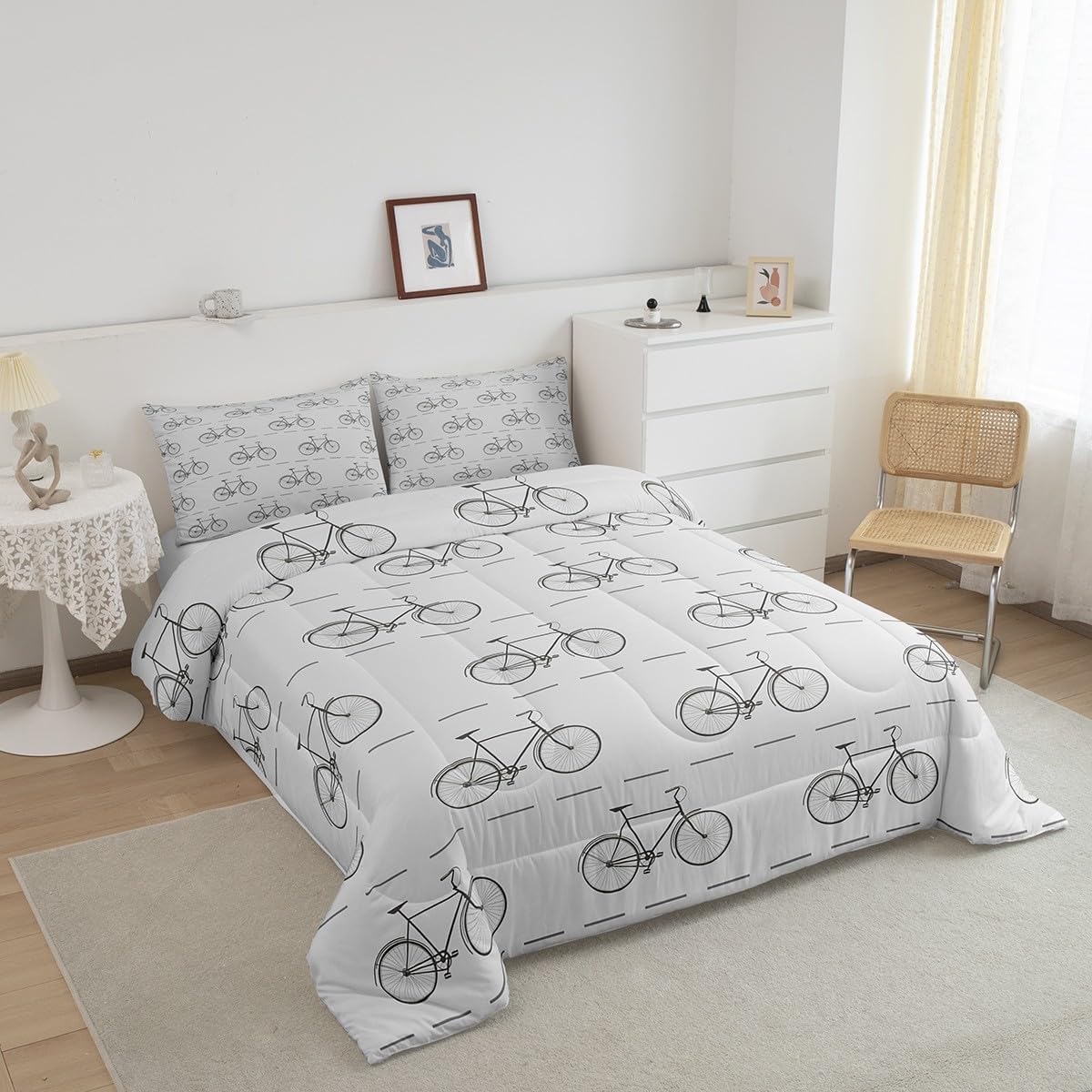 Bicycle Comforter Set Modern Bicycle Sports Bedding Set Vintage Bikes Geometric Bedding Home Decor Gray Black Comforter Queen Size 3 Pieces Quilted Set with 2 Pillowcase