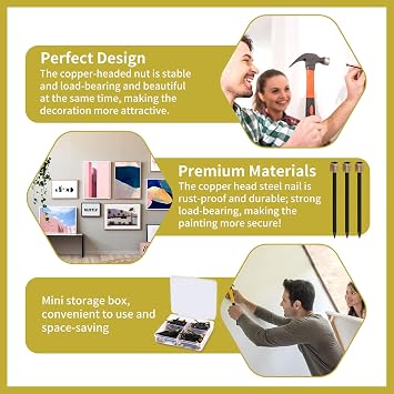 Picture Hanging Nails, 120pcs Picture Pins with Brass Head for Hard Walls Picture Tacks 13 14 18mm 4 Types Picture Hooks with Plastic Storage Box Photo Fram Hanging Kit
