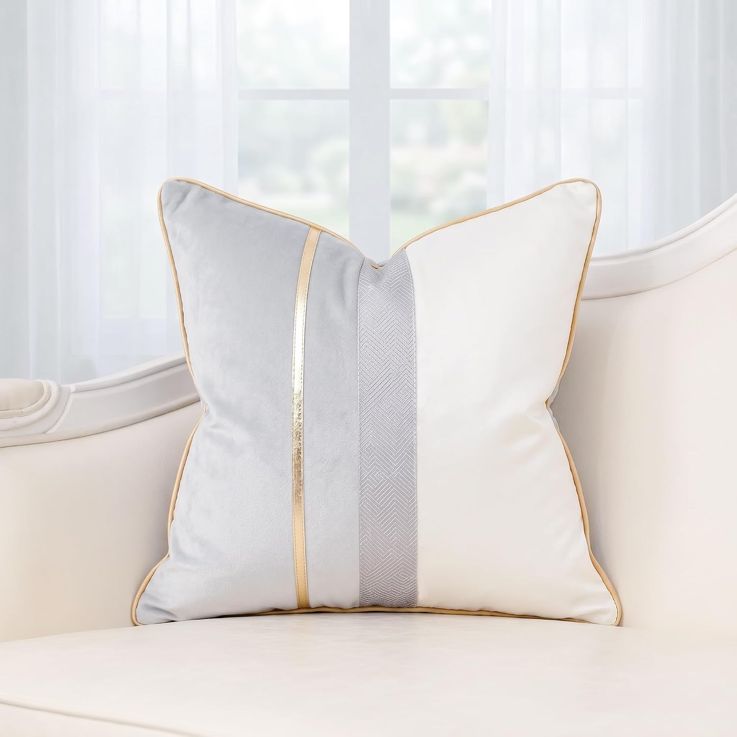 PANOD Patchwork Light Grey Silk-Like Velvet Throw Pillow Cover with Gold Striped Leather Cushion Case Modern Luxury Square Pillowcase for Sofa Couch Bedroom Living Room Home,18x18 inch