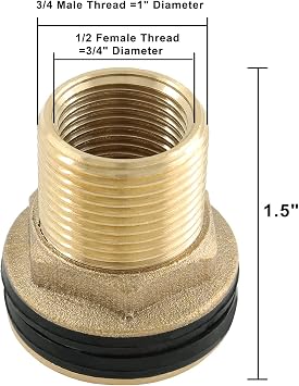 2 Pcs Brass Bulkhead Fitting, 1/2 Female 3/4 Male Water Tank Connector with 2 Rubber Ring for Rain Barrels, Aquariums