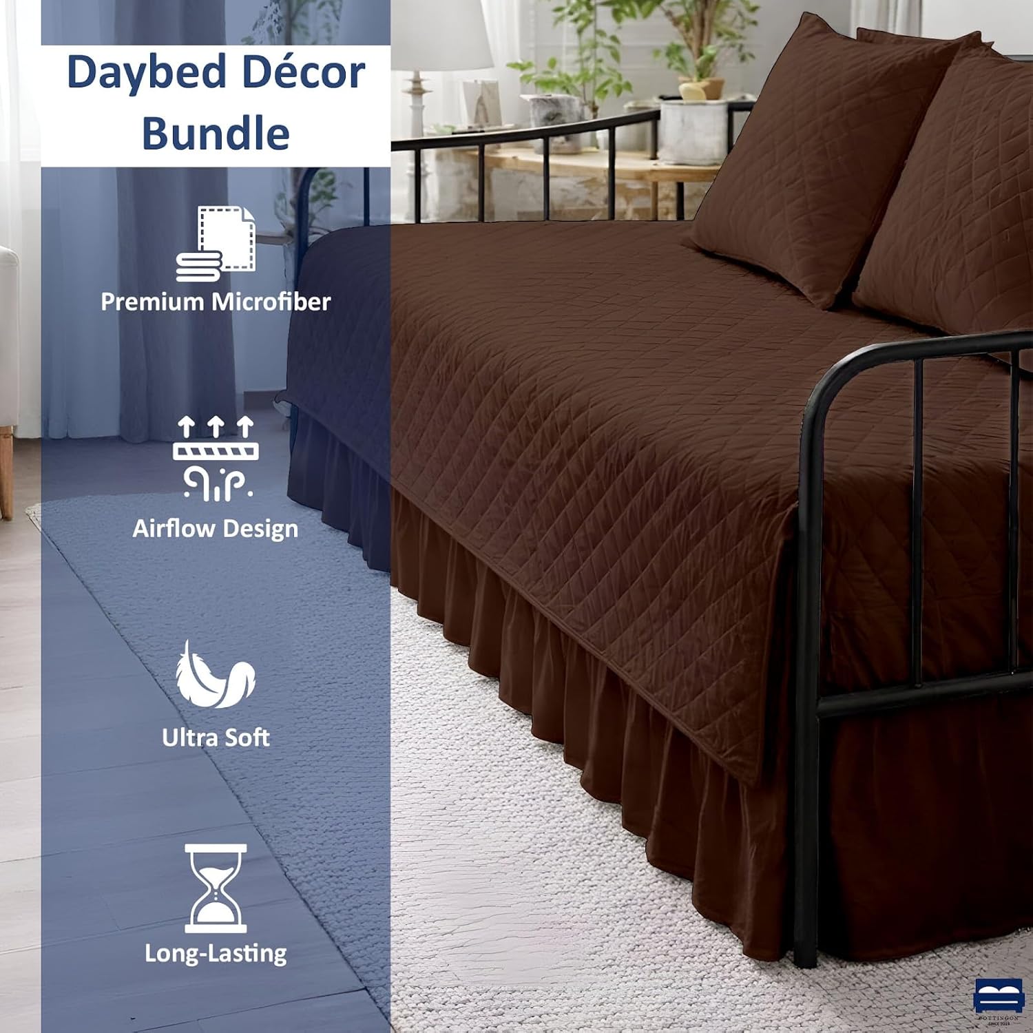 Cottingon 5 Piece Quilted Daybed Set, Twin Size All Season Cozy Daybed Cover with Bed Skirt and 3 Pillow Shams, Diamond Stitch Microfiber Bedding, 75 x 39 Inches, Chocolate