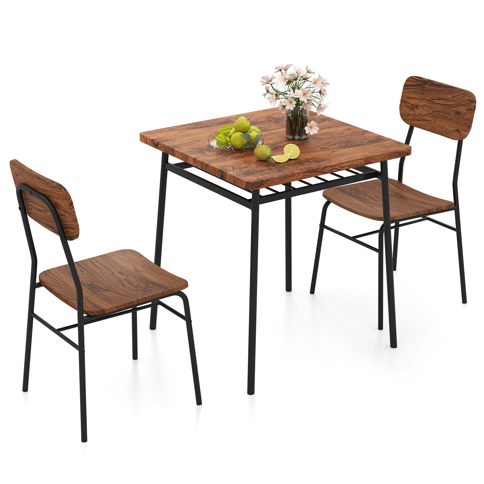 GIANTEX Esstisch mit 2 Stühlen, Essgruppe für 2 Personen, 70 x 70 cm Küchentisch Esszimmertisch mit Ablageregal, Esszimmergruppe mit Metallrahmen, Küchenbar Sitzgruppe (Industriebraun)