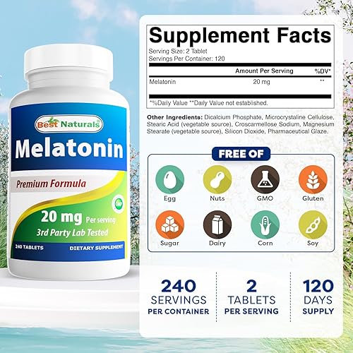 Miniatura 2 de Best Naturals Melatonina 20 mg 240 tabletas - Ayuda para dormir nocturna sin drogas - Sin OMG y sin gluten