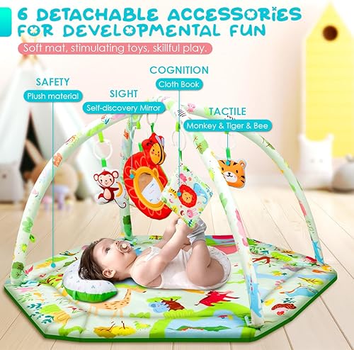 Miniatura 2 de Tapete de juego para bebé, tapete para el tiempo boca abajo con 6 juguetes desmontables, gimnasio de actividades para desarrollo visual, auditivo y