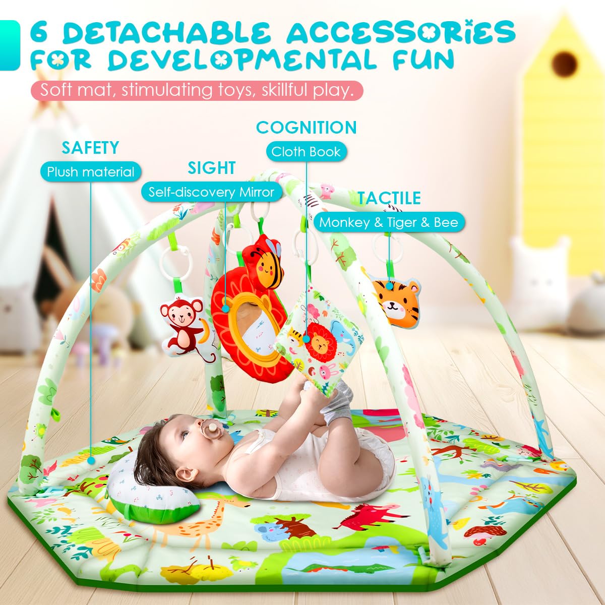 lulunemo Baby Play Mat,Tummy Time Mat with 6 Detachable Toys-Activity Gym for Visual, Auditory & Motor Development-Washable Baby Activity Mat for 0-12 Month Infants(Animal Theme)