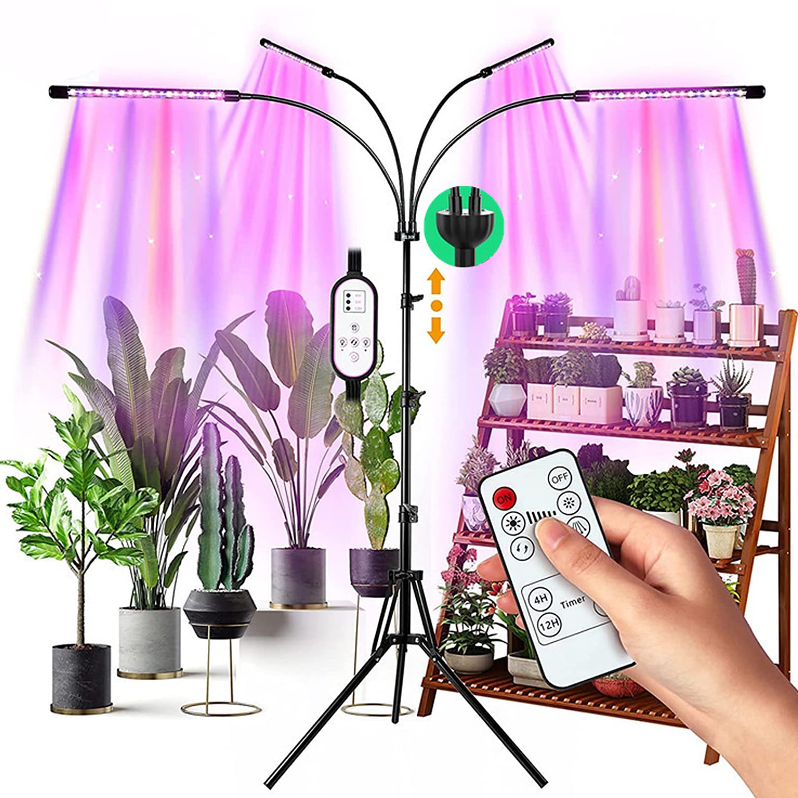 Oświetlenie do uprawy z regulowanym statywem, 4-głowicowe oświetlenie do roślin wewnętrznych 80 LED Full Spectrum z zegarem 4/8/12H dla wszystkich roślin domowych