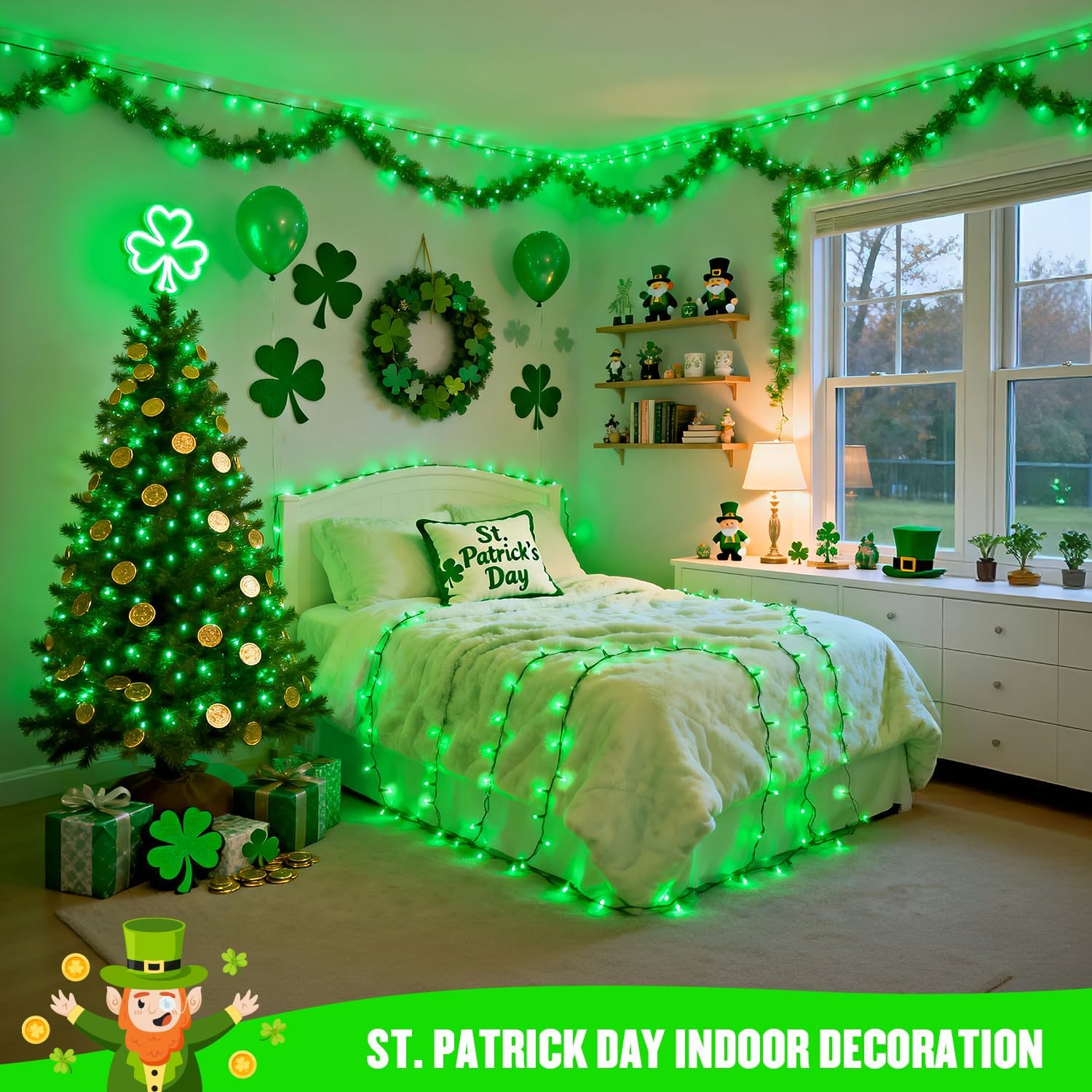 JMEXSUSS 2 Pack Green Christmas Lights for St Patrick, Each 33 FT 100 LED Green Battery Operated Lights, Battery Operated String Light Outdoor for Outside St Patrick Decoration Tree House Garden Decor - Image 8