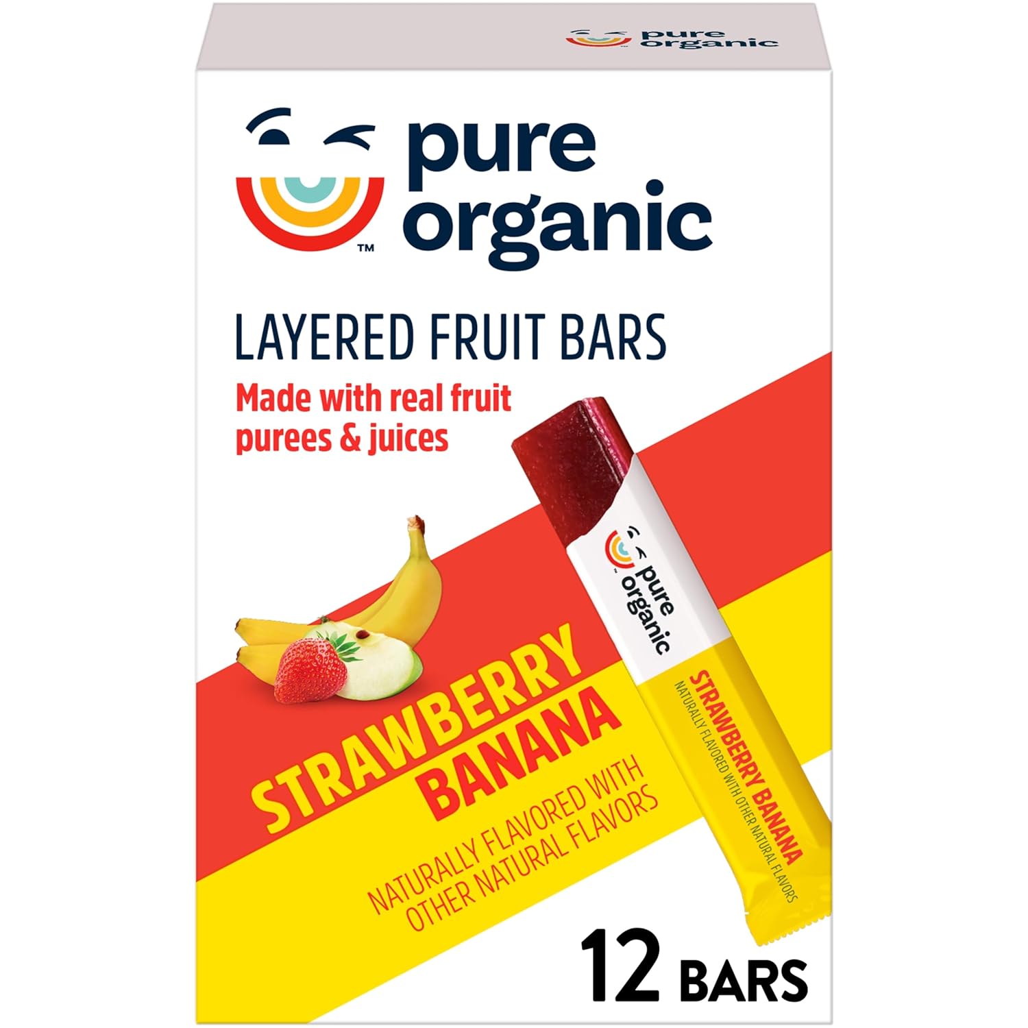Pure Organic Strawberry Banana Layered Fruit Bars - Gluten-Free Vegan Organic Fruit Snacks 12 Count 6.2oz Box