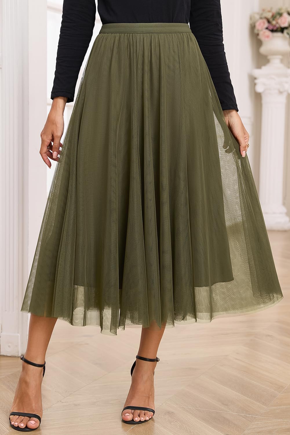 Happy Sailed Womens Tulle Skirt Elastic High Waisted A-Line Layered Flowy Long Skirts Date Night Outfit - Image 6
