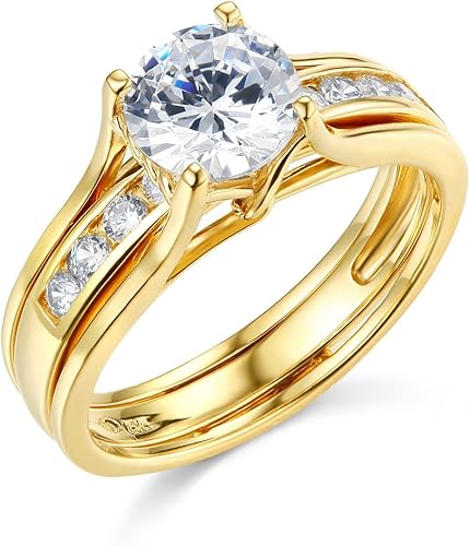 TWJC 14k Yellow OR White Gold Solid Engagement Ring & Wedding Band Set