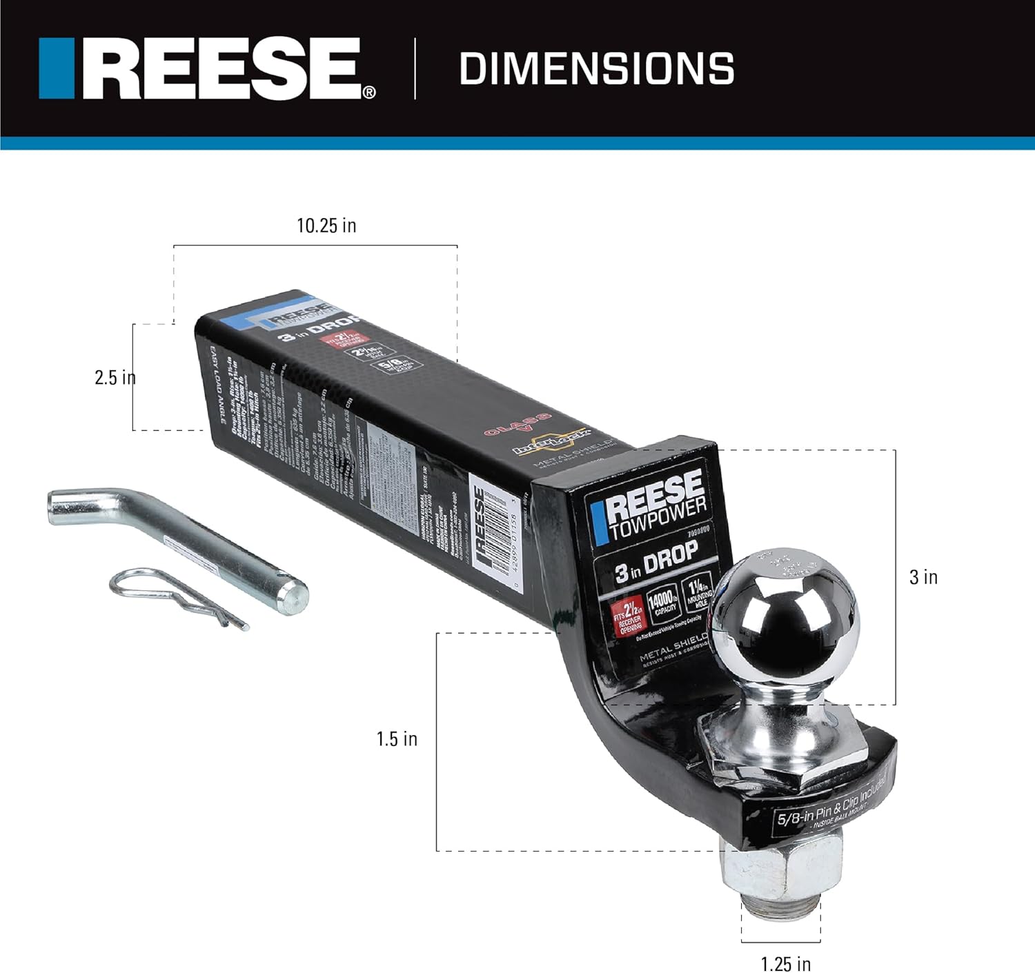 Reese Towpower 7090800 Interlock Trailer Hitch Ball Mount Starter Kit, Fits 2-1/2 Inch Square Receiver, 3 Inch Drop, 14,000 lbs Capacity, Includes 2-5/16 Inch Trailer Ball and Pin & Clip