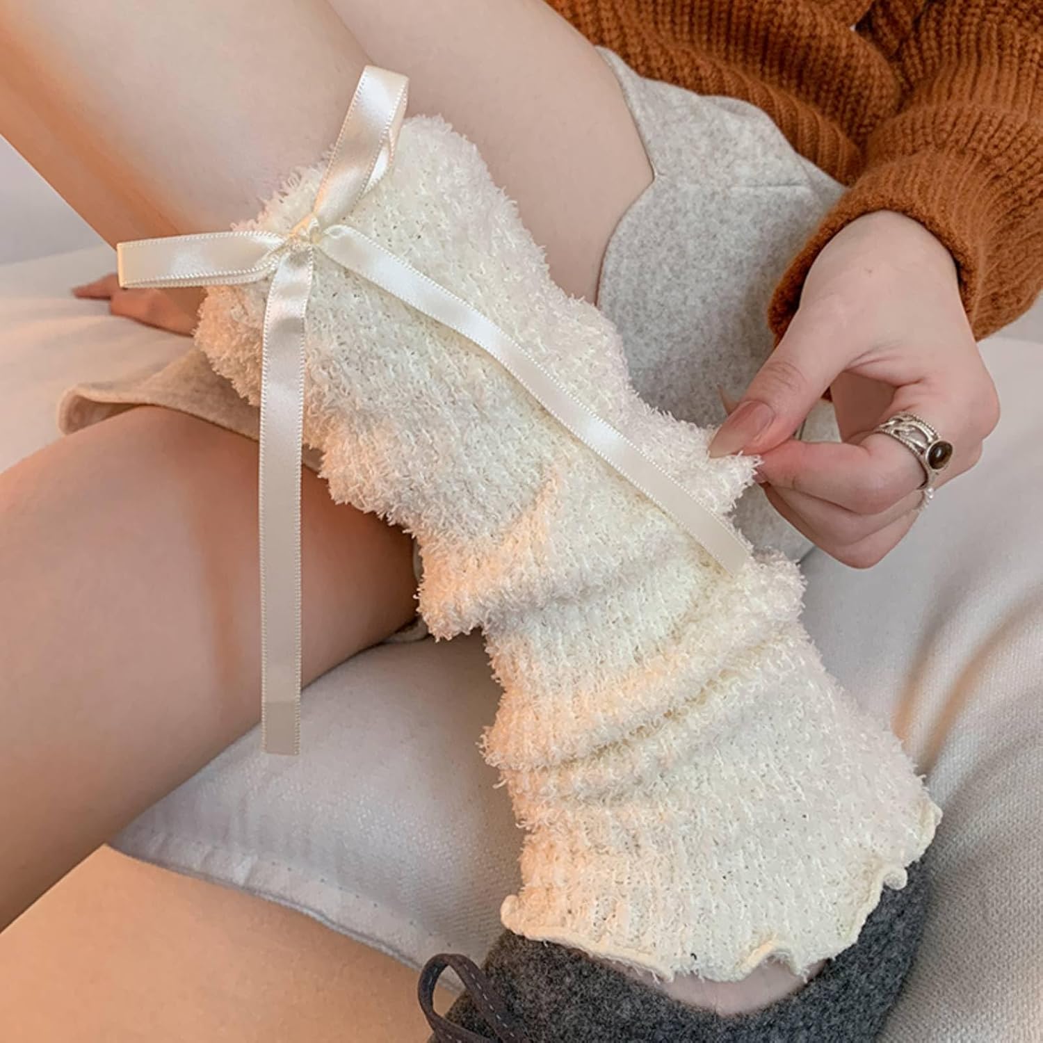 Fuzzy Leg Warmers for Women Girls Cute Bow Y2K Leg Sleeve Socks for Boots Winter White Soft Fluffy Ankle Wamers - Image 3