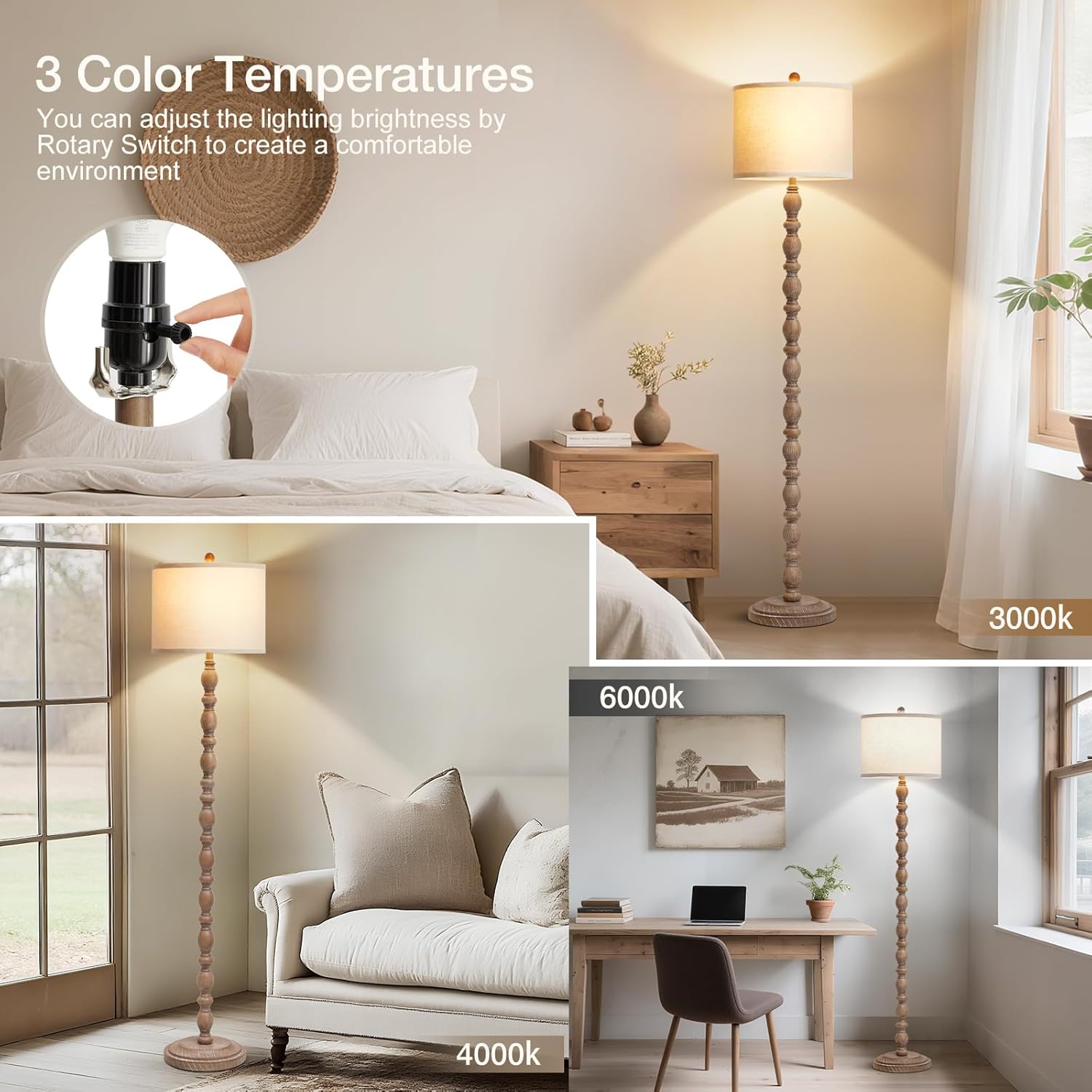 Luvkczc 62" Farmhouse Floor Lamp for Living Room & Bedroom - Adjustable Color Temperature Standing Lamp, Vintage Rustic Tall Floor Lamps with Rotary Switch, Resin Corner Lamps for Office (Dark Brown)