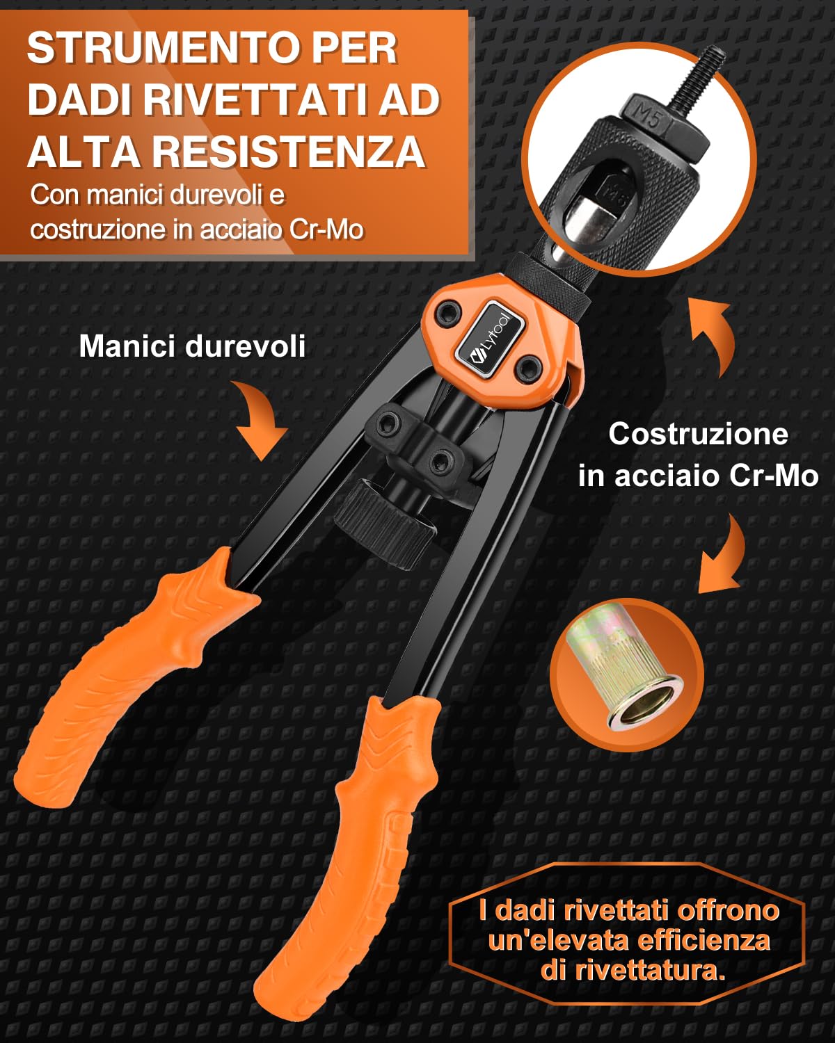 Lytool Pinza per Dadi Rivetto 13'', Kit Rivetti Filettati M3–M12, Set 70 Pezzi con 7 Mandrini, Utensile Professionale per Metallo, Carrozzeria, Officina