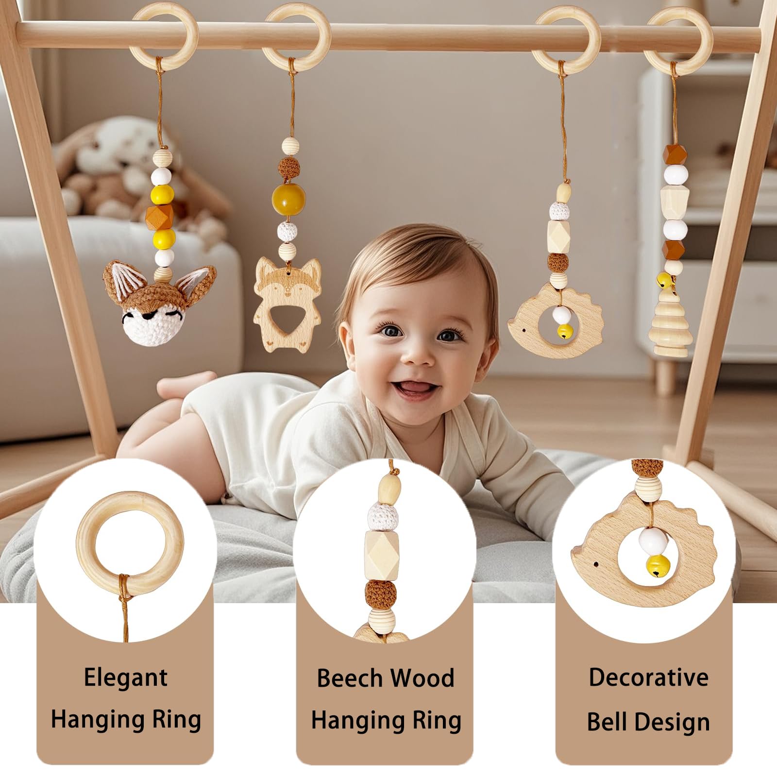 4 Pezzi Palestrina Neonato Montessori, Palestrina Neonato Legno, Giochi per Passeggino da Appendere, Baby Gym con Ciondolo in Legno, per Il Gioco e Il Fitness dei Bambini (Marrone)