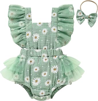 Baby Girl Summer Clothes Daisy Romper Newborn Outfit Ruffle Sleeve Cotton Bodysuit
