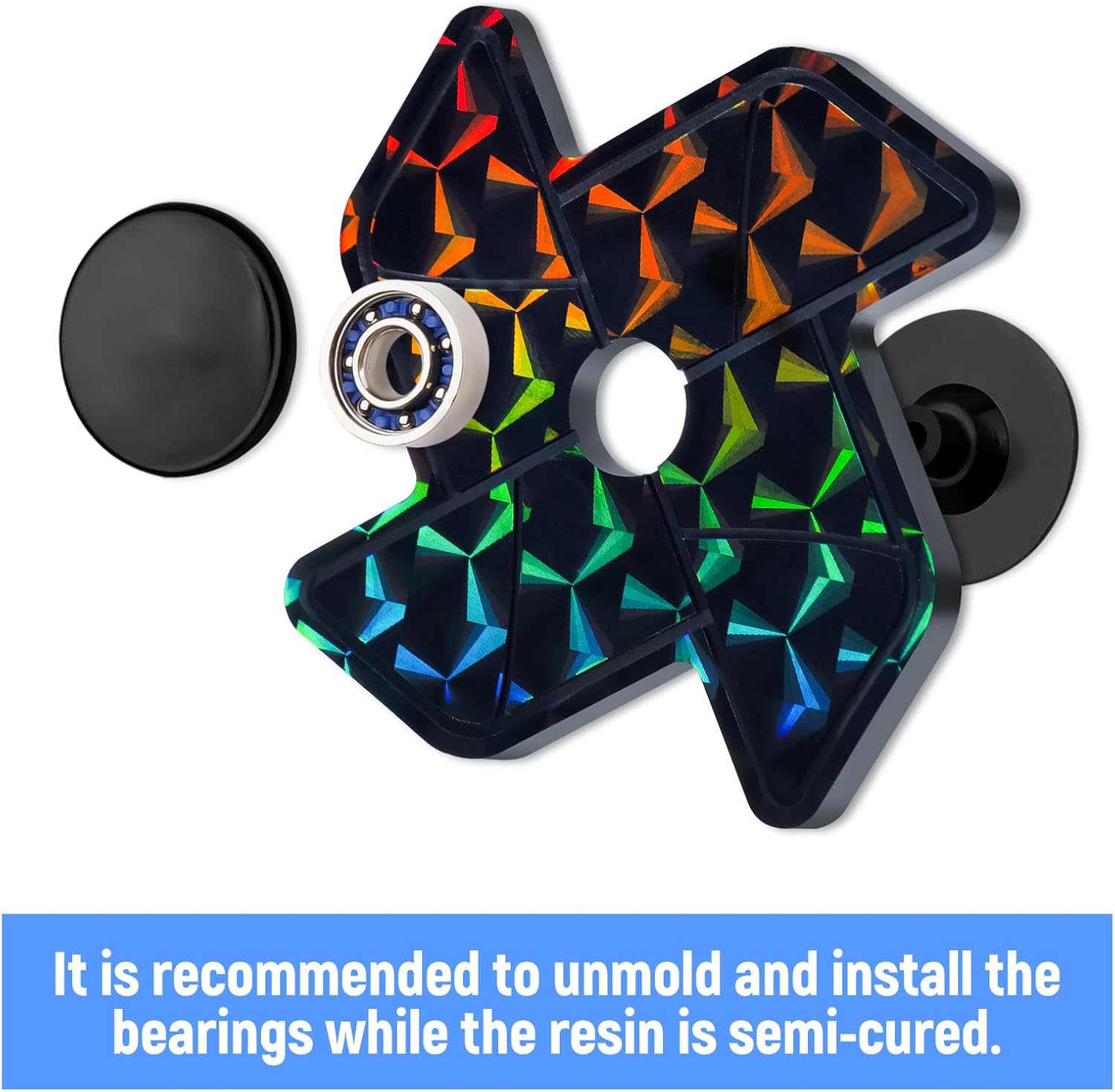 NiArt DIY Epoxy Resin Fidget Spinner Molds Set – 5 Holographic Silicone Casting Molds with Rainbow Texture, 15 Bearings, 15 Pairs Plastic Caps & Organizer Box for Handmade Finger Toys & Craft Projects