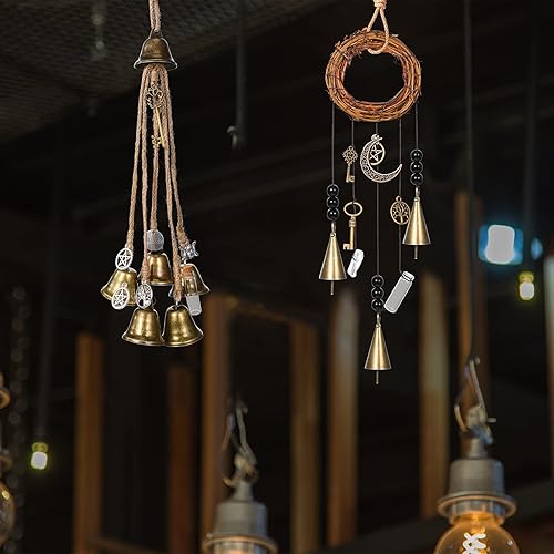 Miniatura 43 de 2 piezas de campanas de bruja para proteger las puertas, campanas de viento de bruja, corona hecha a mano para decoración de puerta del hogar, pomo