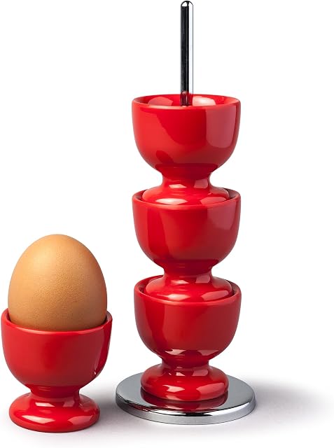 Zeal G277R Stack and Store Egg Cups/Holders, Set of 4 with Chrome Storage and Carry Stand, Melamine, Red