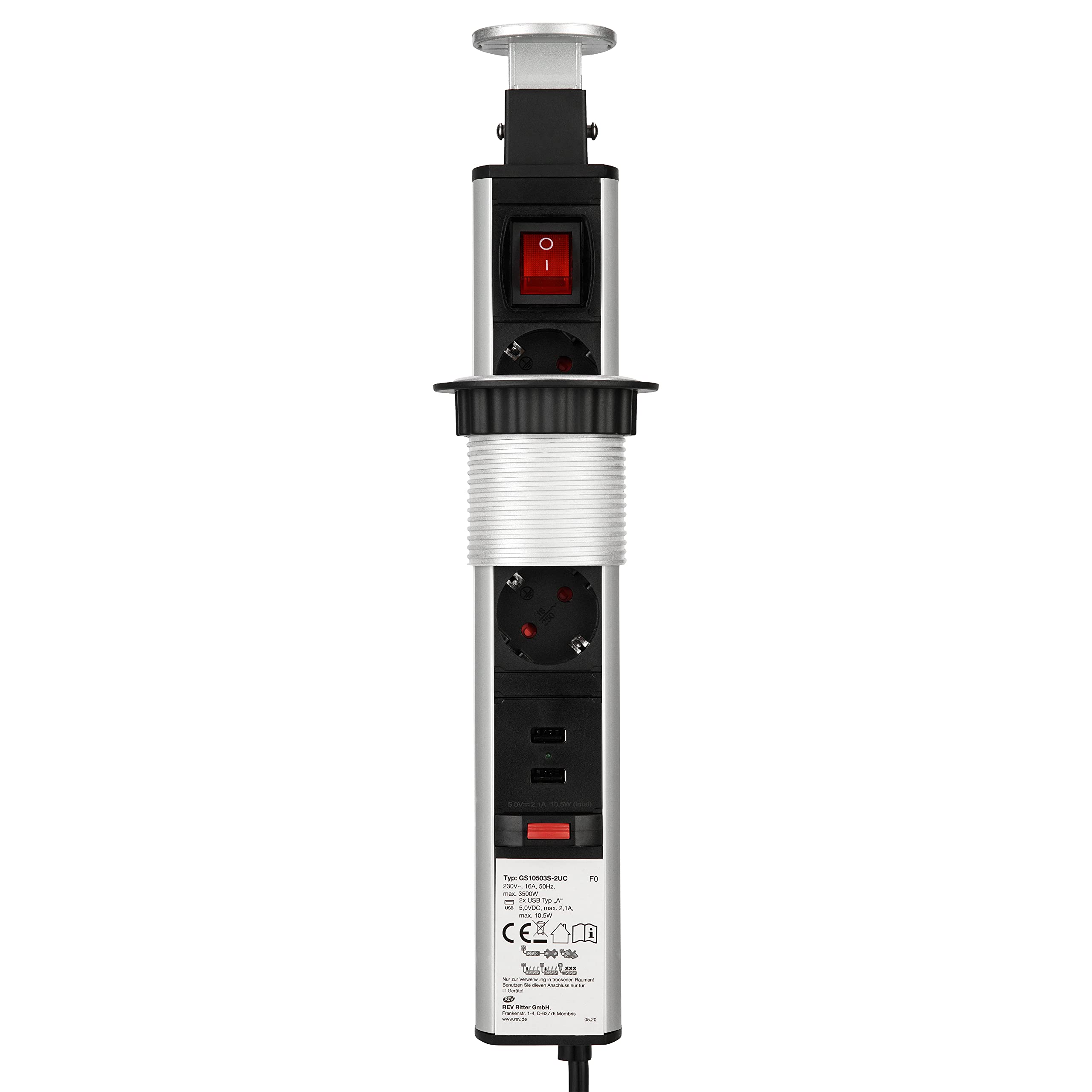 REV 0012398712 Mehrfachsteckdose, Steckdosensäule 3fach + USB, versenkb. 1,5m, 3500W, schwarz