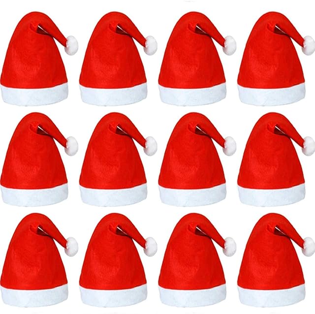 12 pack Non-Woven Red Cloth Santa Hat Christmas Caps for for Adults and Children