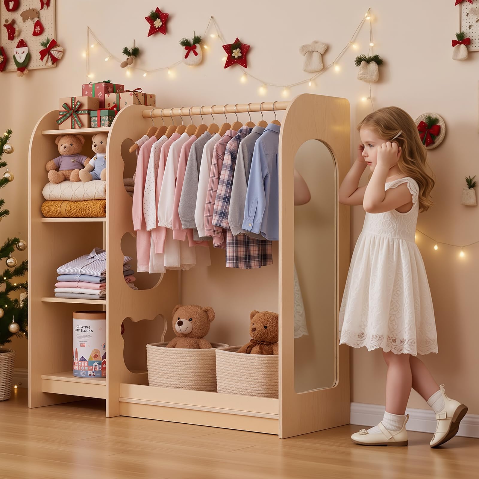 VEVOR Armadio per Bambini con Specchio, Guardaroba Appendiabiti in Materiale Legno, Mobile Contenitore per Cameretta Stanza dei Giochi Camera da Letto Giocattoli Travestimenti Organizzazione Vestiti