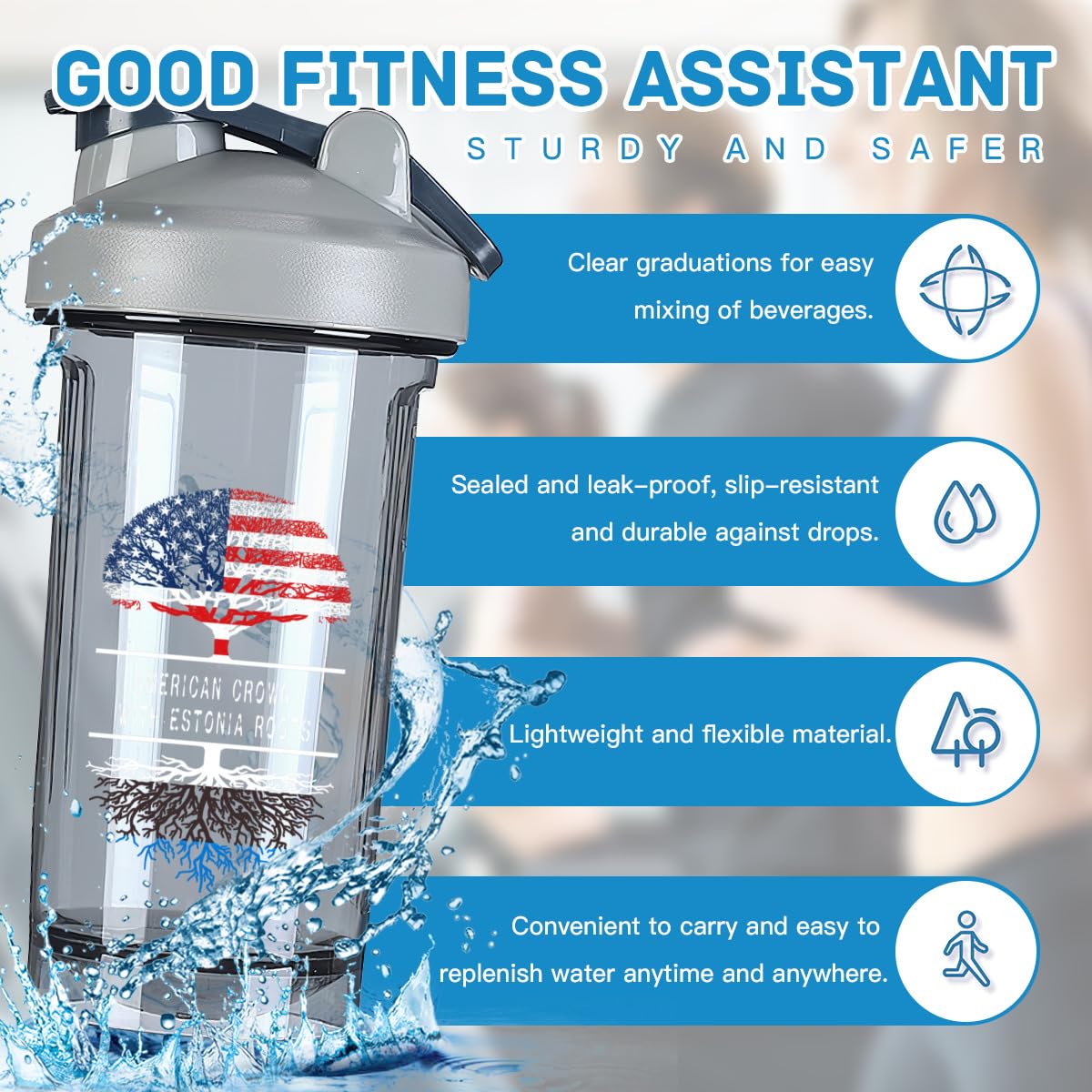 America Crown With Estonians Roots 18 Ounce Shaker Cup,Fashion Theme Pattern Shaker Bottle Leak-proof Workout Shake Bottles 500ML/18 oz Perfect for Pre Workout