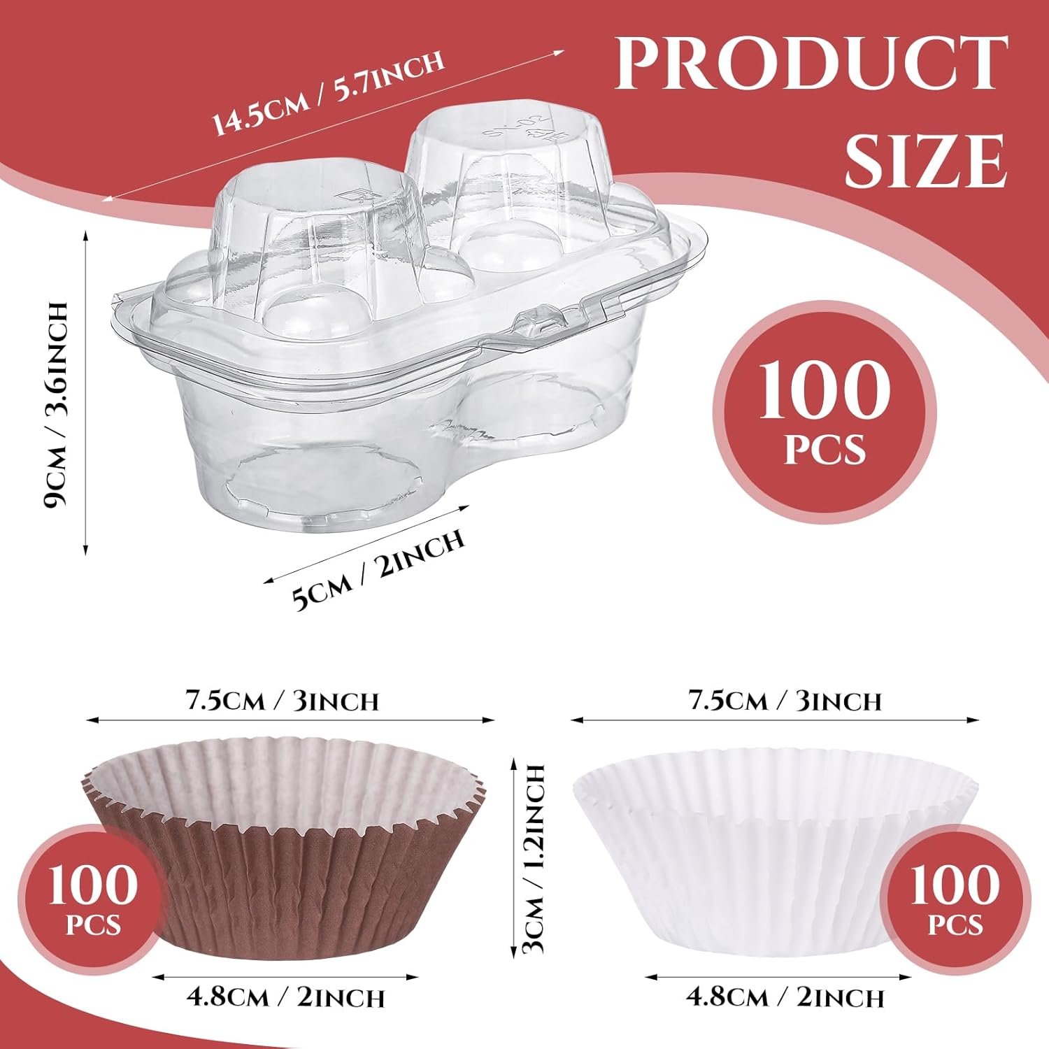 Tanlade 100 Pcs 2 Cavity Cupcake Boxes 200 Pcs Baking Cups 2 Compartment Plastic Cupcake Containers Clear Stackable Cupcake Carrier Holder with Lids for Cupcakes, Muffins