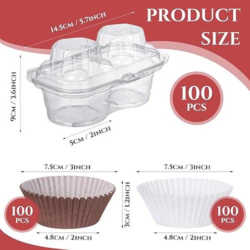 Miniatura 2 de Tanlade 100 cajas de 2 cavidades para cupcakes, 200 tazas para hornear, 2 compartimentos, recipientes de plástico transparentes apilables para