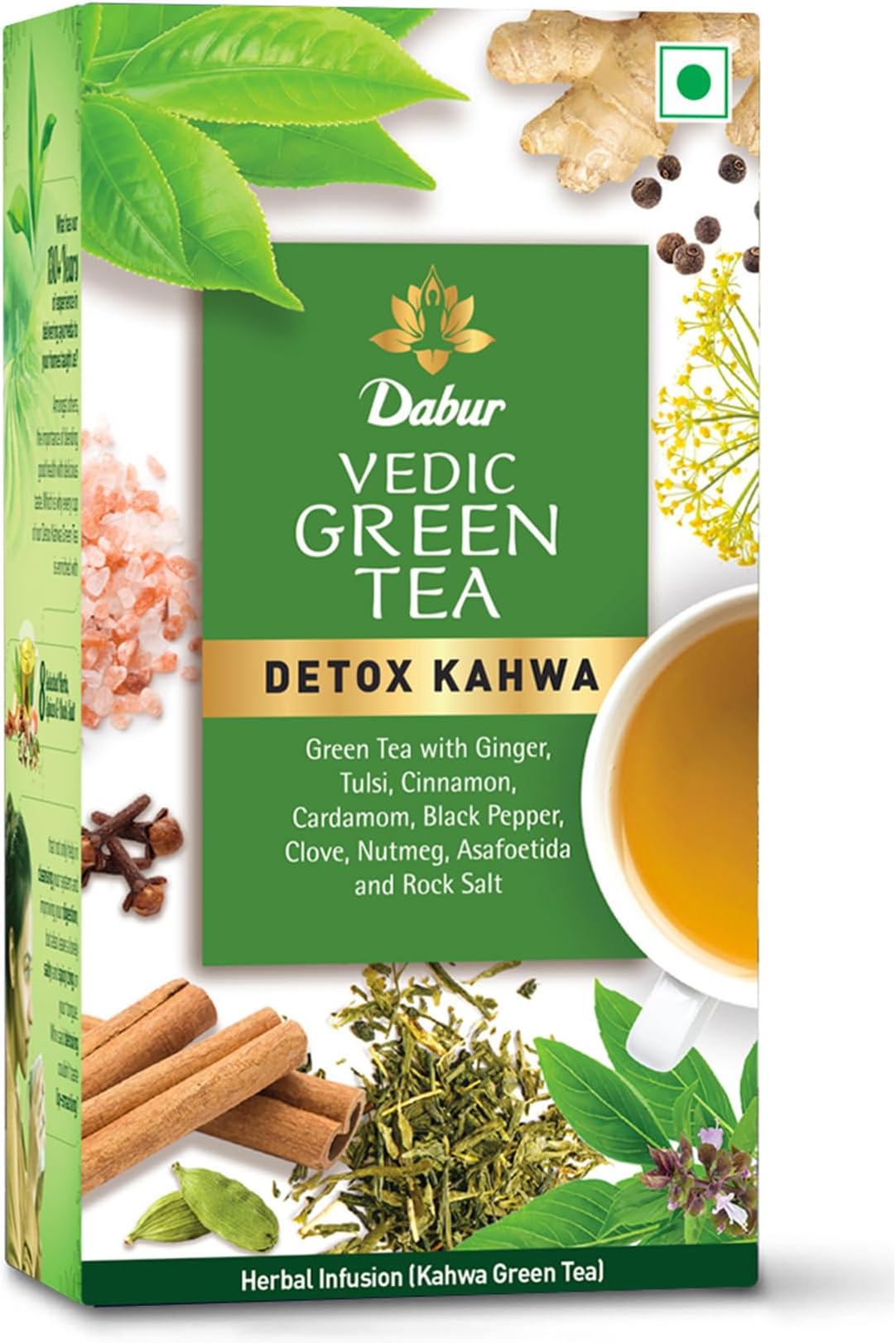 Dabur Vedic Detox Kahwa Green Tea - 25 Teabags | Blend of 8 Real Ayurvedic Herbs & Rock Salt | Helps in Detoxification | Helps in Weight Loss | Boosts Metabolism & Improves Digestion | Ideal After Meal Beverage
