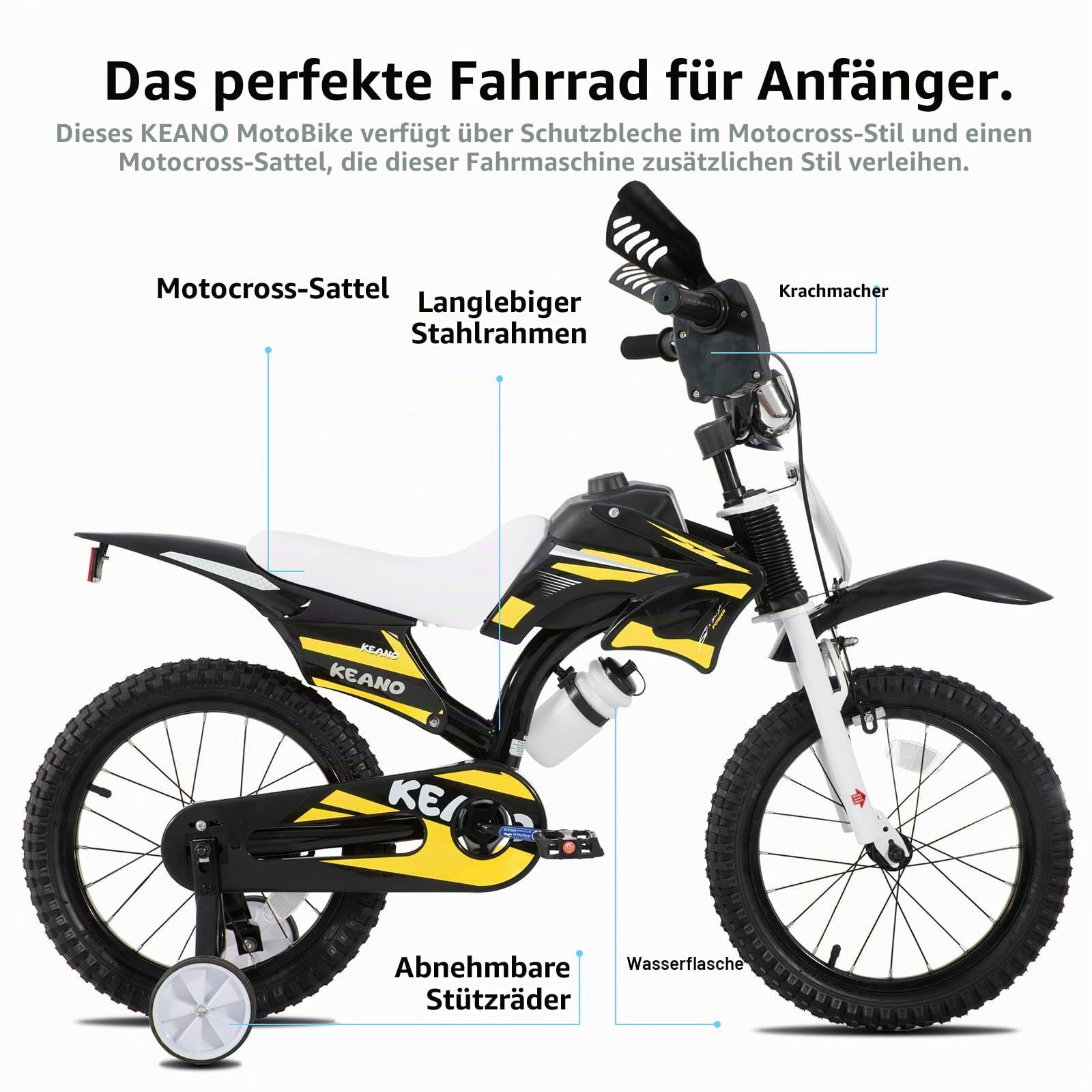 KEANO Motocross-Style-Kinderfahrrad für Jungen und Mädchen im Alter von 3–7 Jahren, 12- und 16-Zoll-Räder mit Stützrädern und Nummernschild, Kinderfahrräder in Schwarz
