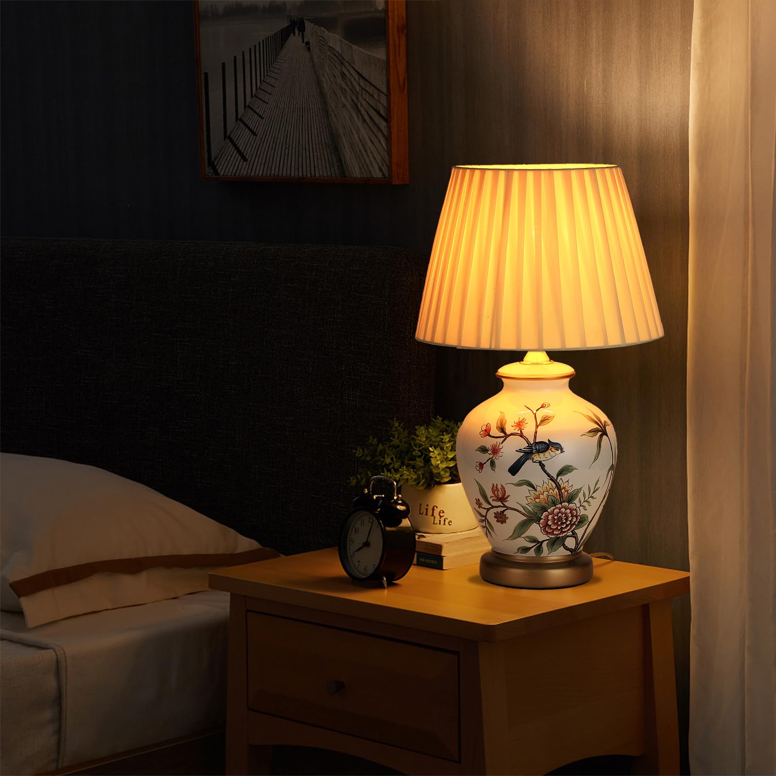 Tischlampe aus Keramik, Vintage, Nachttisch- und Wohnzimmerlampe, weißer Stoff, moderner Stil, E27, Weiß