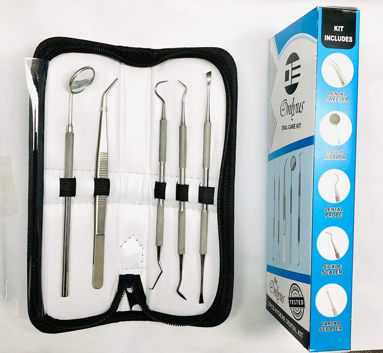 ONLYUS,5 Pcs Dental Tools, Plaque Remover for Teeth, Professional Dental Hygiene Cleaning Kit, Stainless Steel Tooth Scraper Plaque Tartar Remover Cleaner, Dental Pick Scaler Oral Care Set - With Case : Beauty & Personal Care