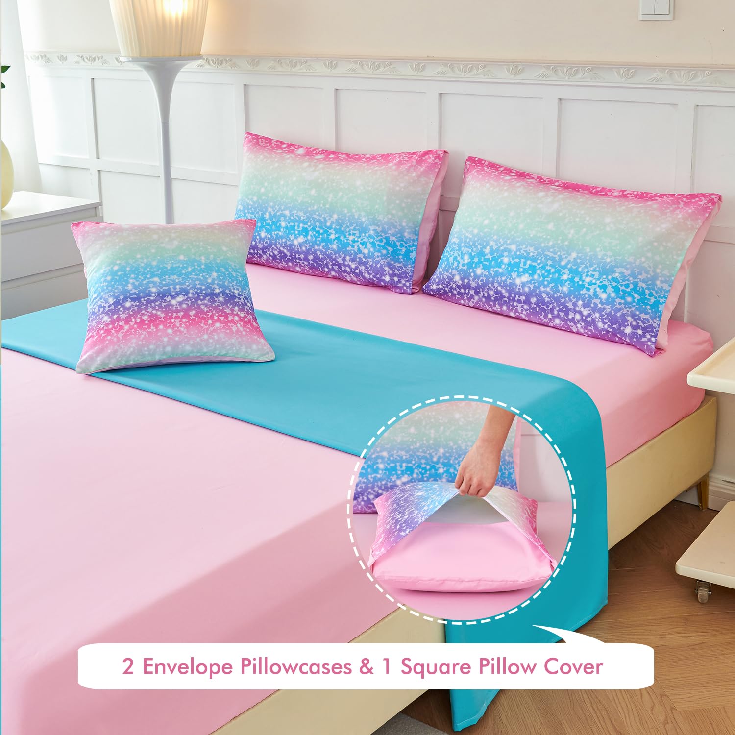 PERFEMET Niebiesko-zielony zestaw pościeli dla dziewczynek, 6 szt., kolorowe tęczowe zestawy pościeli dla dzieci, Tie Dye ombre, podwójne kołdry z prześcieradłami, gradientowe zestawy łóżek