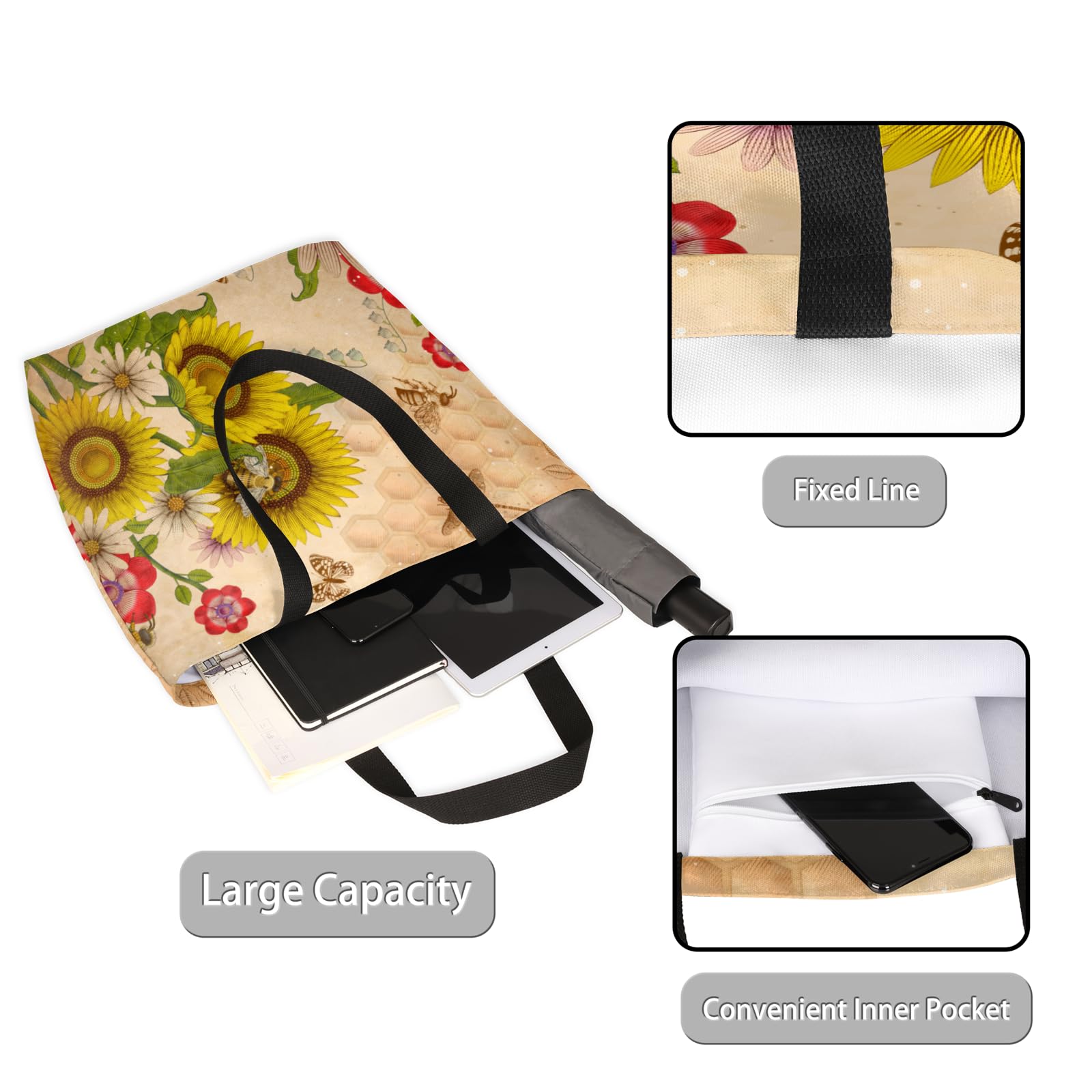 Mularoka Watercolor Sunflower Butterfly Bee Flower Large Capacity Canvas Tote Bag Stylish Handheld Shoulder Bag Reusable Shopping Bag for Work Travel Beach Trips Shopping