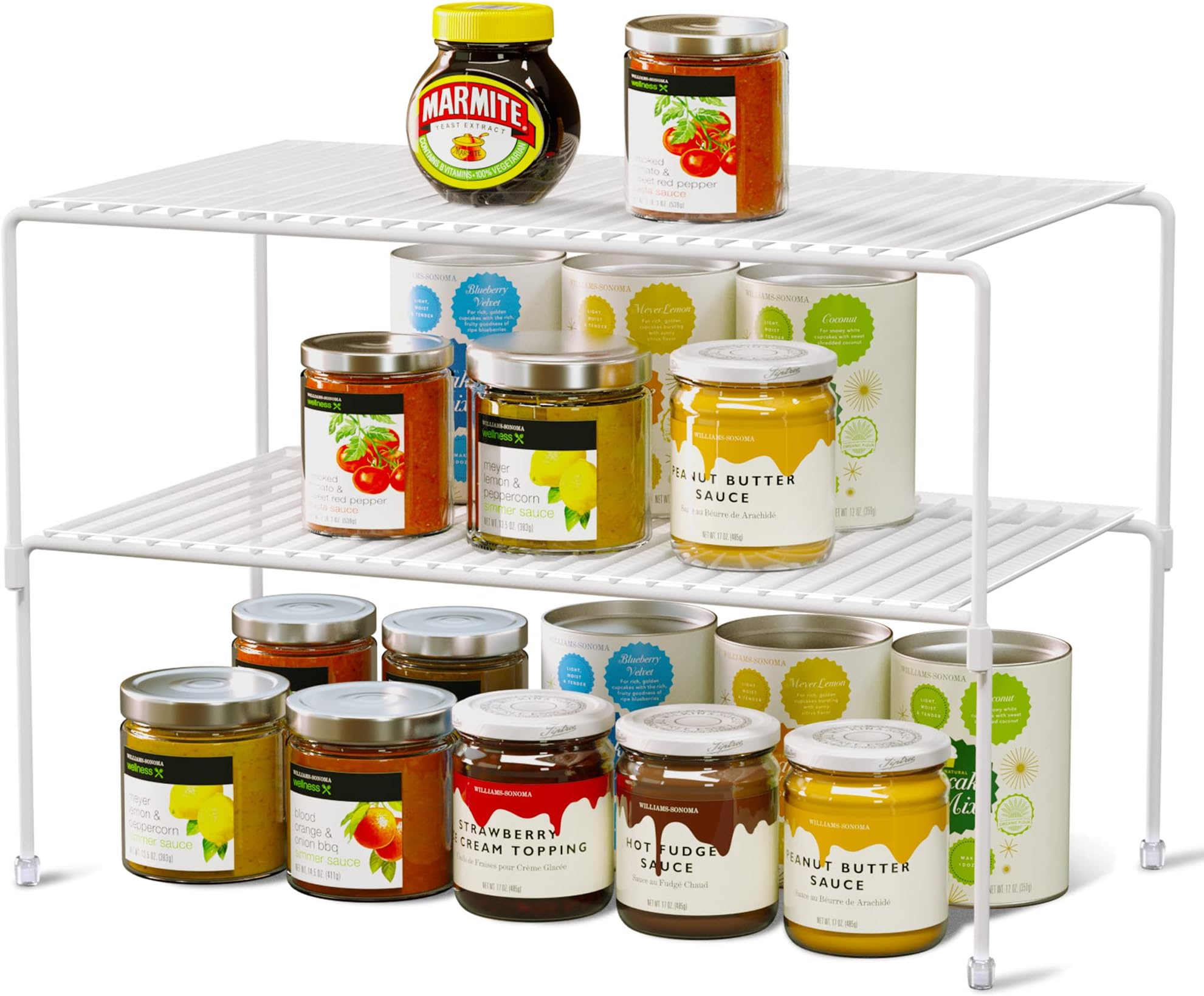 Set of 2 Kitchen Cabinet Organizer and Storage Shelves Stackable Expandable Storage Racks with Anti-Slip Liners for Cabinet Pantry, White